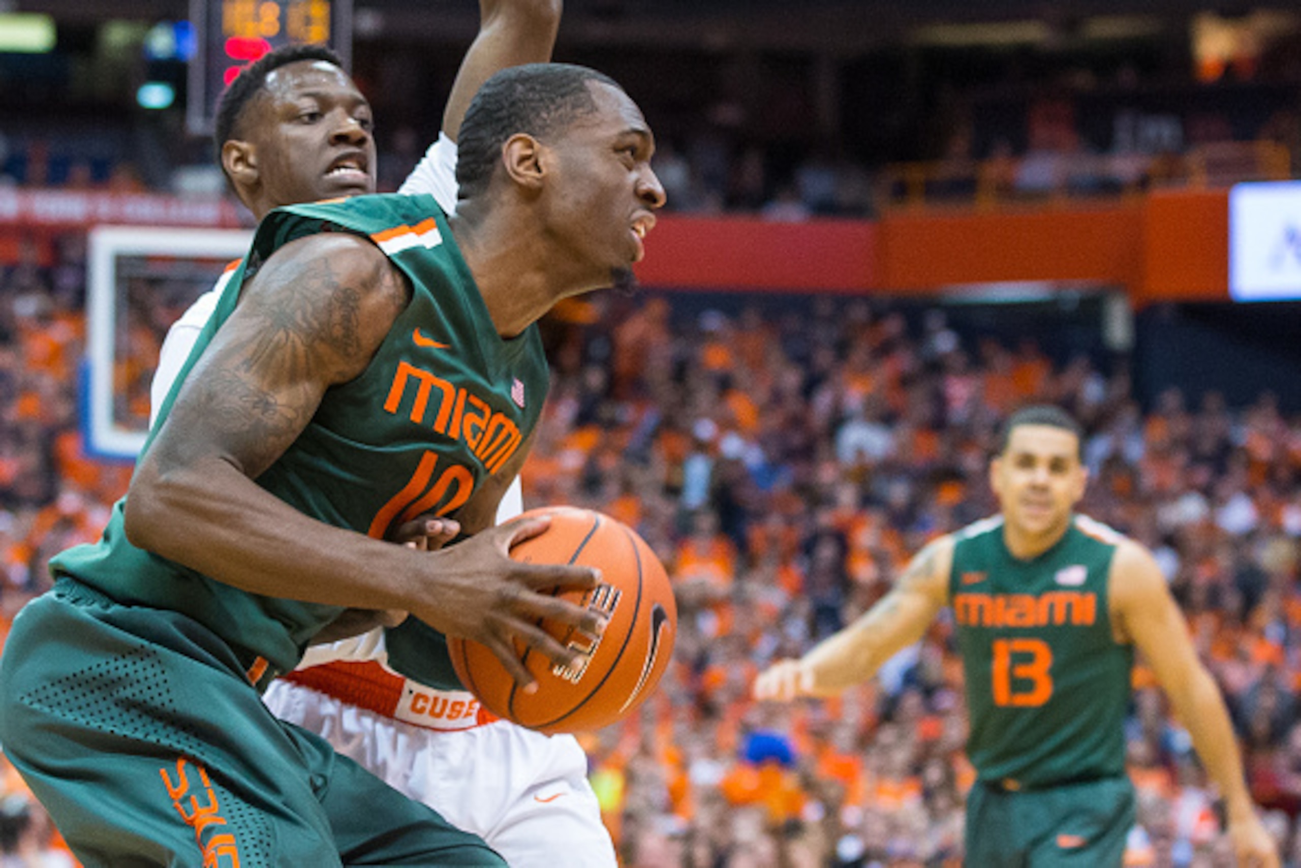 SYRACUSE, NY - JANUARY 24:  Sheldon McClellan #10 of the Miami Hurricanes handles the ball during the game against the Syracuse Orange on January 24, 2015 at The Carrier Dome in Syracuse, New York.  Miami defeated Syracuse 66-62.  (Photo by Brett Carlsen/