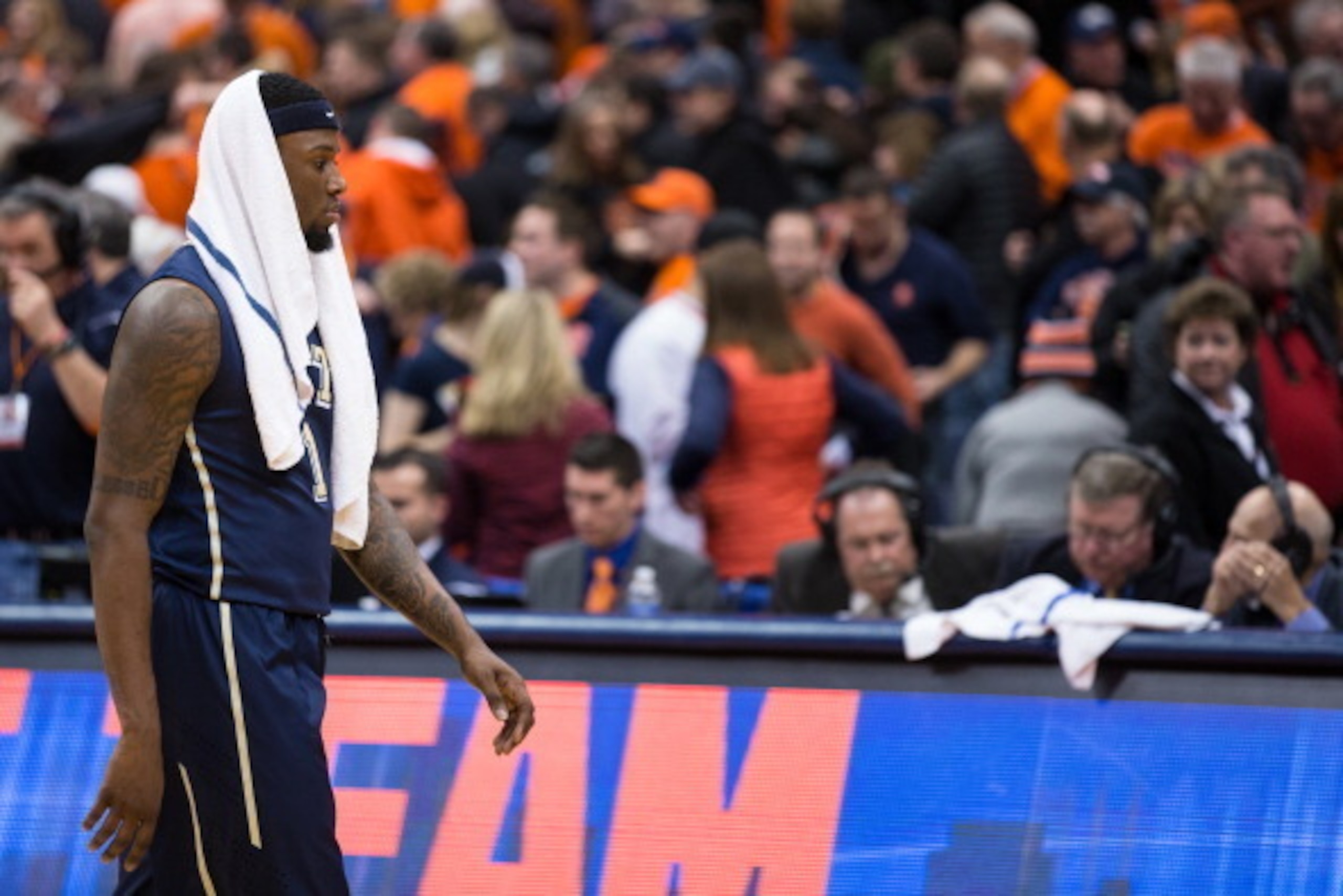 SYRACUSE, NY - JANUARY 18:  Jamel Artis #1 of the Pittsburgh Panthers walks off the court following a loss against Syracuse Orange on January 18, 2014 at The Carrier Dome in Syracuse, New York.  Syracuse defeats Pittsburgh 59-54.  (Photo by Brett Carlsen/