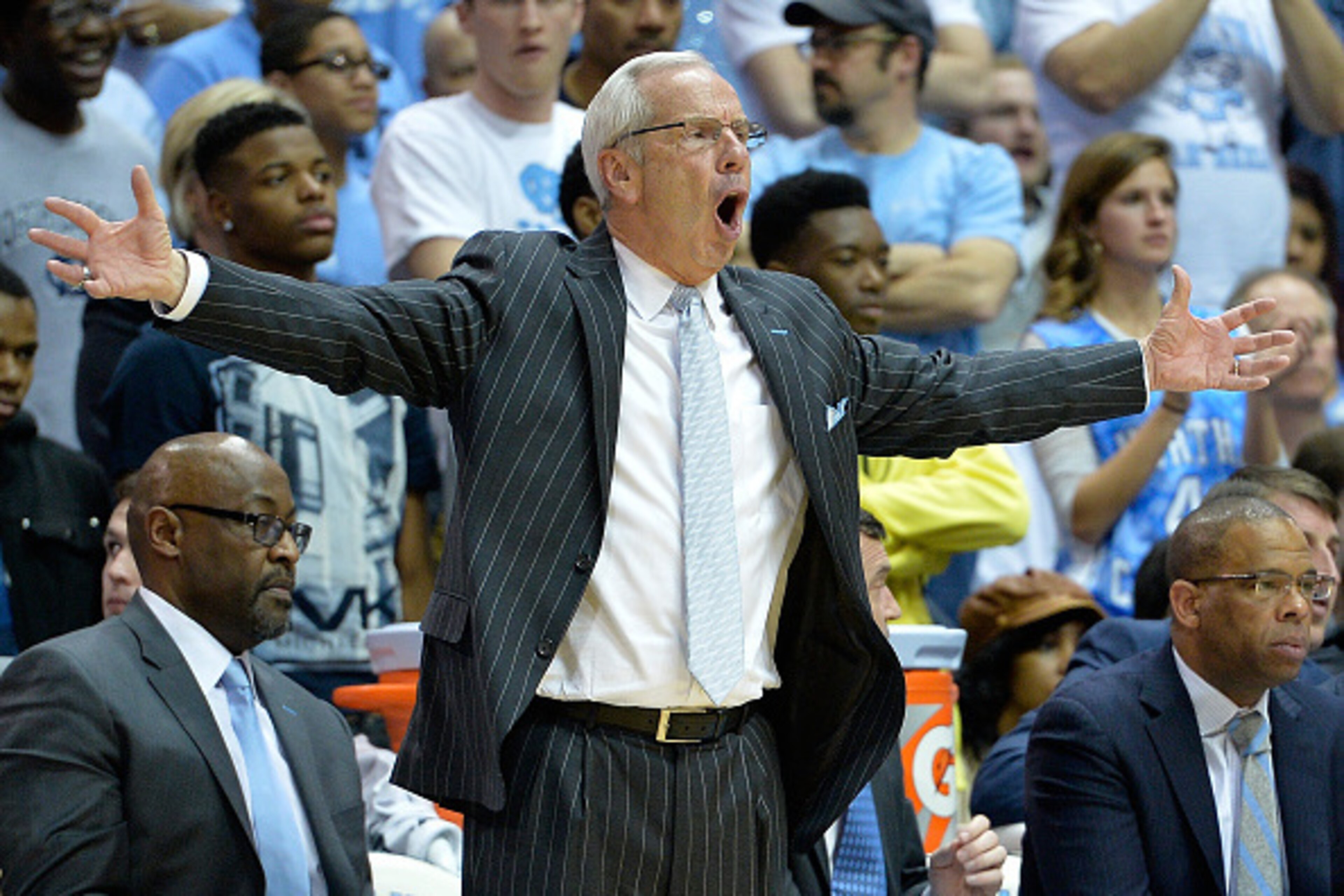 CHAPEL HILL, NC - MARCH 07: Head coach Roy Williams of the North Carolina Tar Heels reacts during their game against the Duke Blue Devils at the Dean Smith Center on March 7, 2015 in Chapel Hill, North Carolina. Duke won 84-77. (Photo by Grant Halverso CHAPEL HILL, NC - MARCH 07: Head coach Roy Williams of the North Carolina Tar Heels reacts during their game against the Duke Blue Devils at the Dean Smith Center on March 7, 2015 in Chapel Hill, North Carolina. Duke won 84-77. (Photo by Grant Halverso