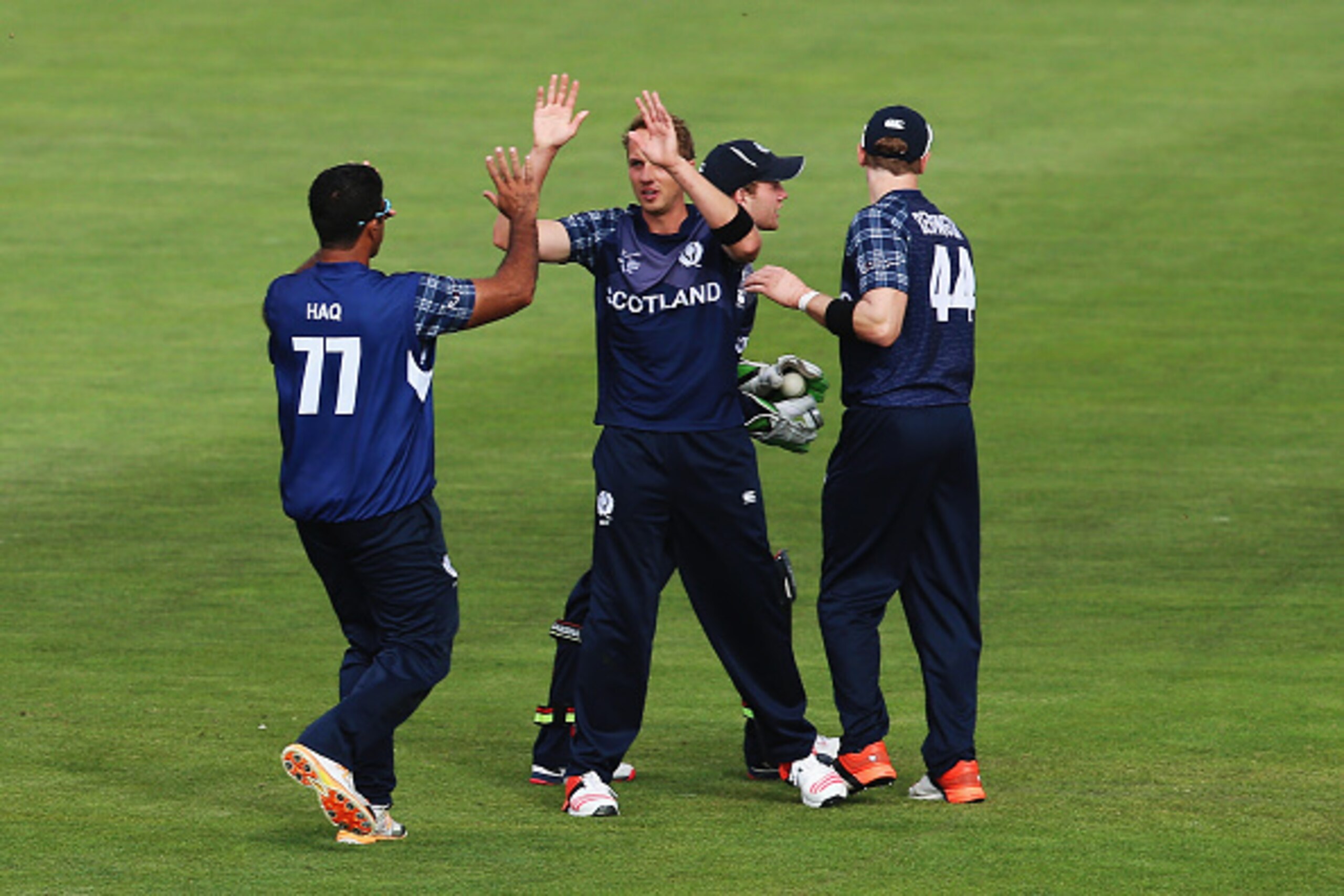NELSON, NEW ZEALAND - MARCH 05:  Iain Wardlaw of Scotland celebrates the wicket of Mohammad Mahmudullah of Bangladesh during the 2015 ICC Cricket World Cup match between Bangladesh and Scotland at Saxton Field on March 5, 2015 in Nelson, New Zealand.  (Ph