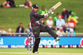 NAPIER, NEW ZEALAND - MARCH 04: Shaiman Anwar of The United Arab Emirates pulls the ball away during the 2015 ICC Cricket World Cup match between Pakistan and the United Arab Emirates at McLean Park on March 4, 2015 in Napier, New Zealand.  (Photo by Hann