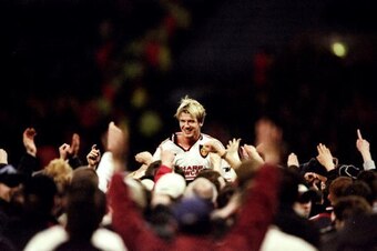 14 Apr 1999:  Manchester United fans salute David Beckham after victory over Arsenal in the FA Cup semi-final replay at Villa Park in Birmingham, England. United won 2-1 after extra-time. \ Mandatory Credit: Clive Brunskill /Allsport