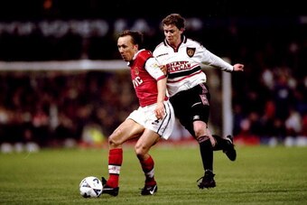 14 Apr 1999:  Lee Dixon of Arsenal is closed down by Ole Gunnar Solskjaer of Manchester United in the FA Cup semi-final replay at Villa Park in Birmingham, England. United won 2-1 after extra-time. \ Mandatory Credit: Shaun Botterill /Allsport