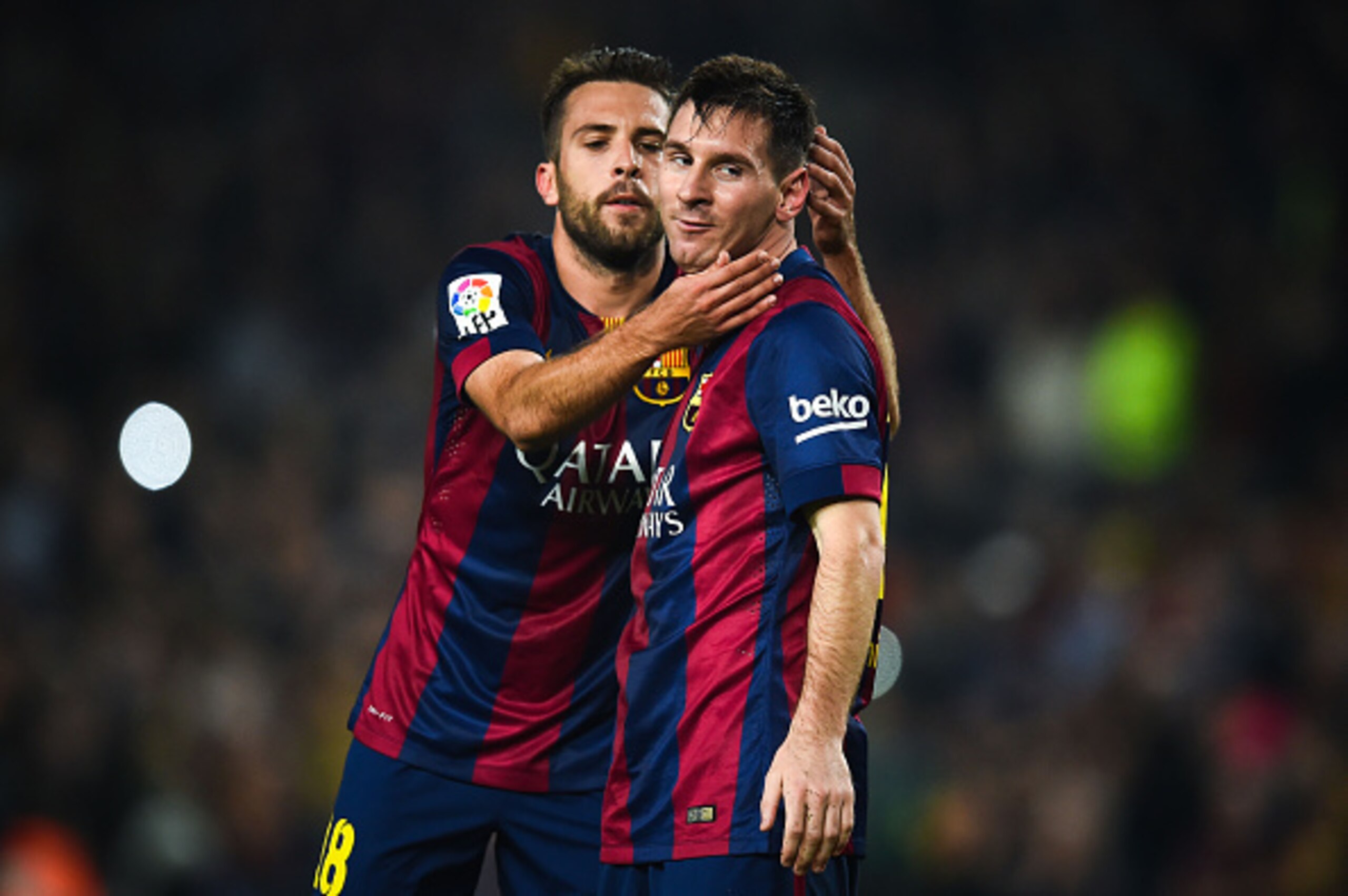 BARCELONA, SPAIN - NOVEMBER 22: Lionel Messi of FC Barcelona celebrates with his teammate Jordi Alba of FC Barcelona after scoring his team's fourth goal during the La Liga match between FC Barcelona and Sevilla FC at Camp Nou on November 22, 2014 in Bar BARCELONA, SPAIN - NOVEMBER 22: Lionel Messi of FC Barcelona celebrates with his teammate Jordi Alba of FC Barcelona after scoring his team's fourth goal during the La Liga match between FC Barcelona and Sevilla FC at Camp Nou on November 22, 2014 in Bar