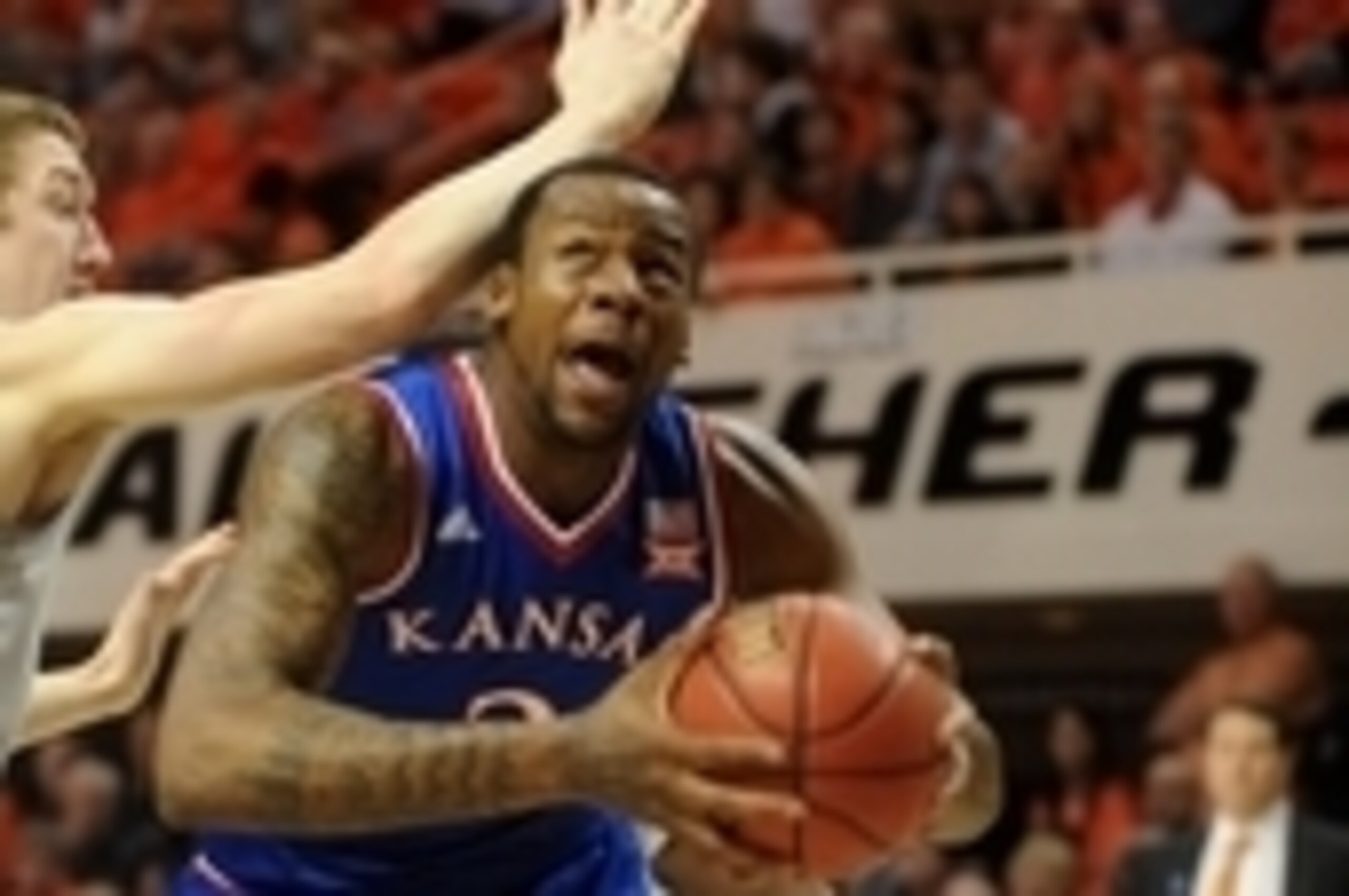 Feb 7, 2015; Stillwater, OK, USA; Kansas Jayhawks forward Cliff Alexander (2) attempts a shot against Oklahoma State Cowboys forward/center Mitchell Solomon (41) during the first half at Gallagher-Iba Arena. Mandatory Credit: Mark D. Smith-USA TODAY Sport