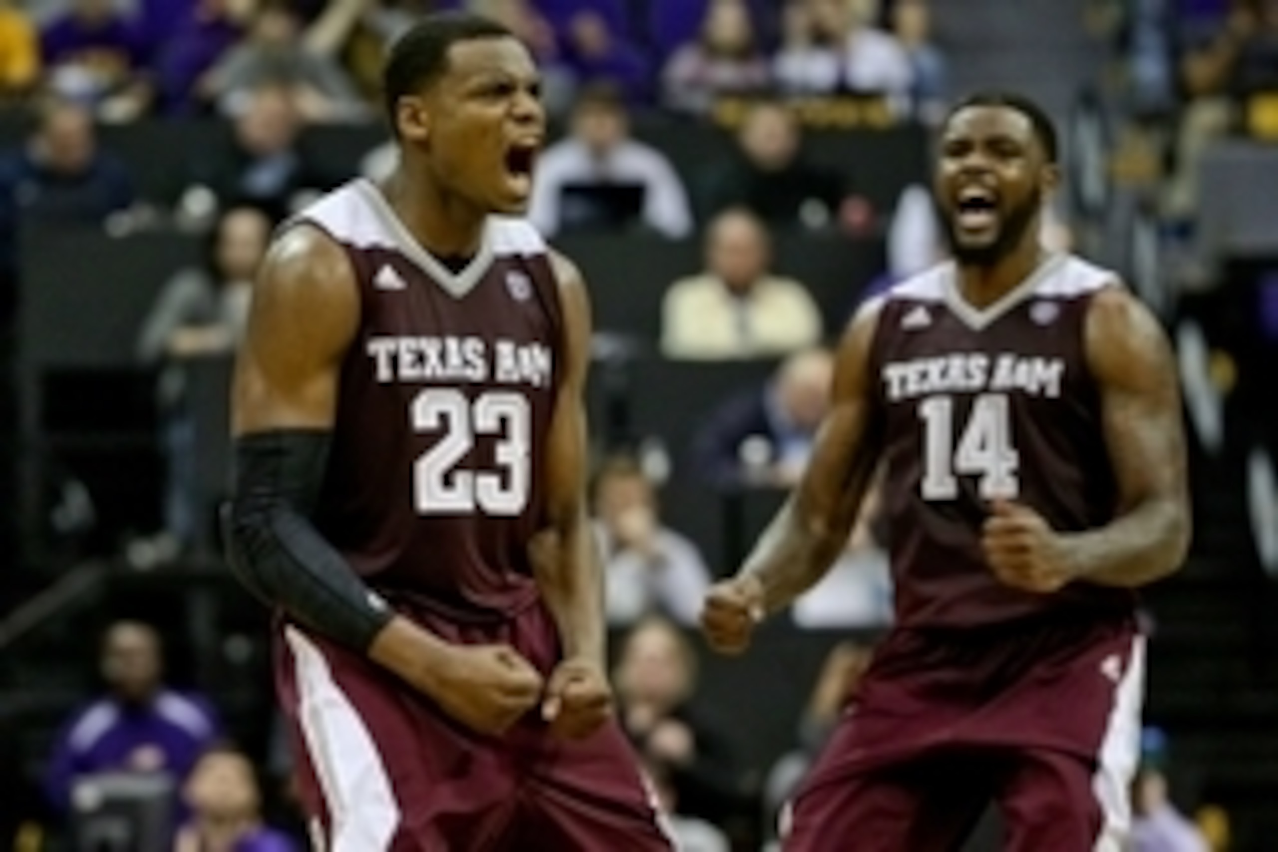 Jan 17, 2015; Baton Rouge, LA, USA; Texas A&M Aggies guard Danuel House (23) celebrates after a basket against the LSU Tigers during the second half of a game at the Pete Maravich Assembly Center. Texas A&M defeated LSU 67-64. Mandatory Credit: Derick E. Jan 17, 2015; Baton Rouge, LA, USA; Texas A&M Aggies guard Danuel House (23) celebrates after a basket against the LSU Tigers during the second half of a game at the Pete Maravich Assembly Center. Texas A&M defeated LSU 67-64. Mandatory Credit: Derick E.