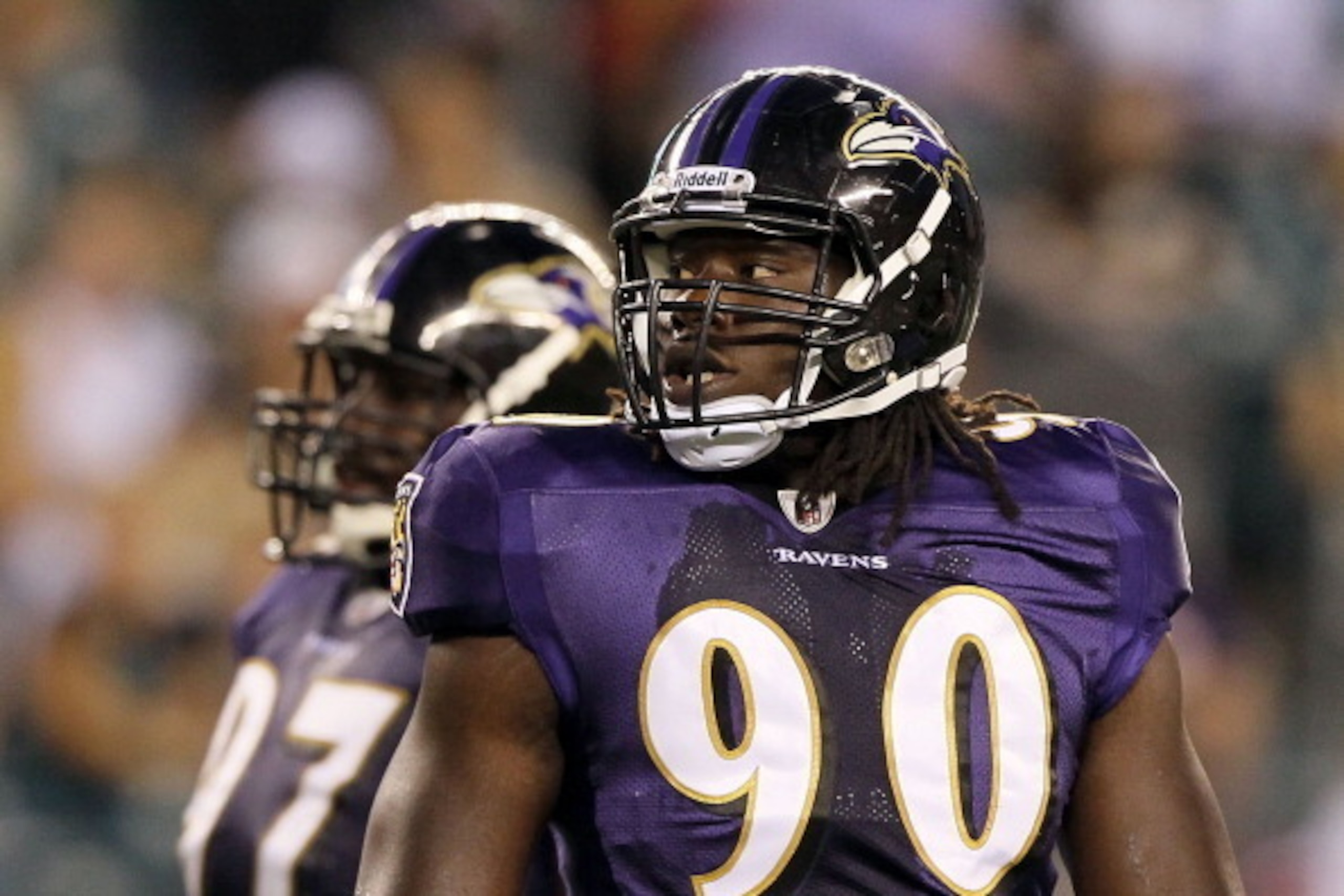 PHILADELPHIA, PA - AUGUST 11:  Pernell McPhee #90 of the Baltimore Ravens in action against the Philadelphia Eagles during their pre season game on August 11, 2011 at Lincoln Financial Field in Philadelphia, Pennsylvania.  (Photo by Jim McIsaac/Getty Imag