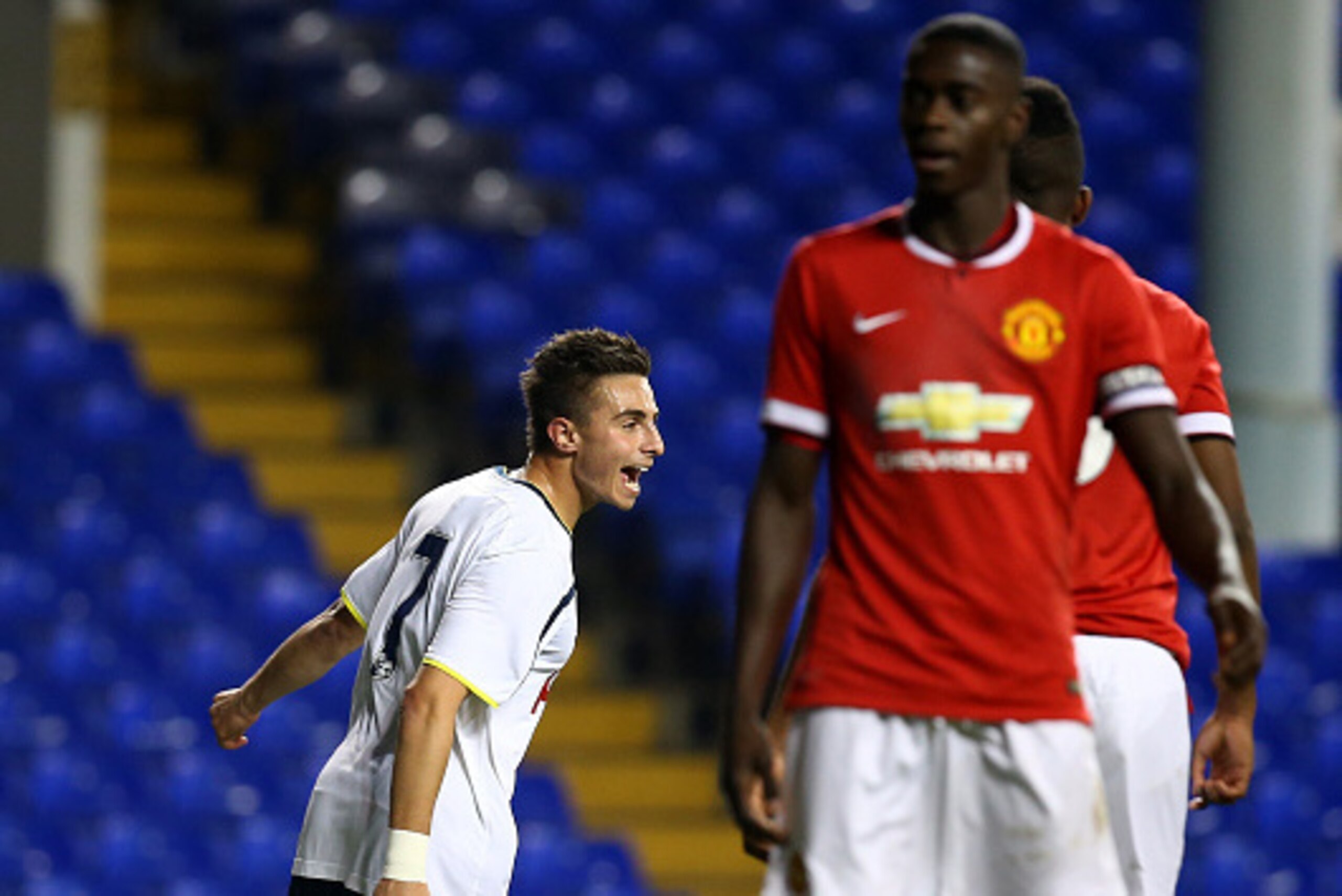 LONDON, ENGLAND - FEBRUARY 09: Anthony Georgiou of Tottenham celebrates after scoring the teams first goal during the FA Youth Cup Fifth Round match between Tottenham Hotspur and Manchester United at White Hart Lane on February 09, 2015 in London, England LONDON, ENGLAND - FEBRUARY 09: Anthony Georgiou of Tottenham celebrates after scoring the teams first goal during the FA Youth Cup Fifth Round match between Tottenham Hotspur and Manchester United at White Hart Lane on February 09, 2015 in London, England
