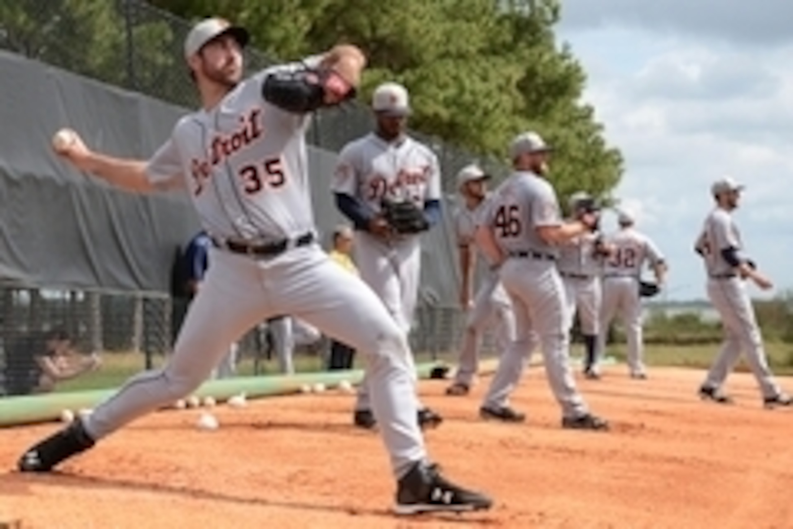 Feb 23, 2015; Lakeland, FL, USA; Detroit Tigers pitcher Justin Verlander (35) pitches during Mondays workout  at Joker Merchant Stadium. Mandatory Credit: Jonathan Dyer-USA TODAY Sports