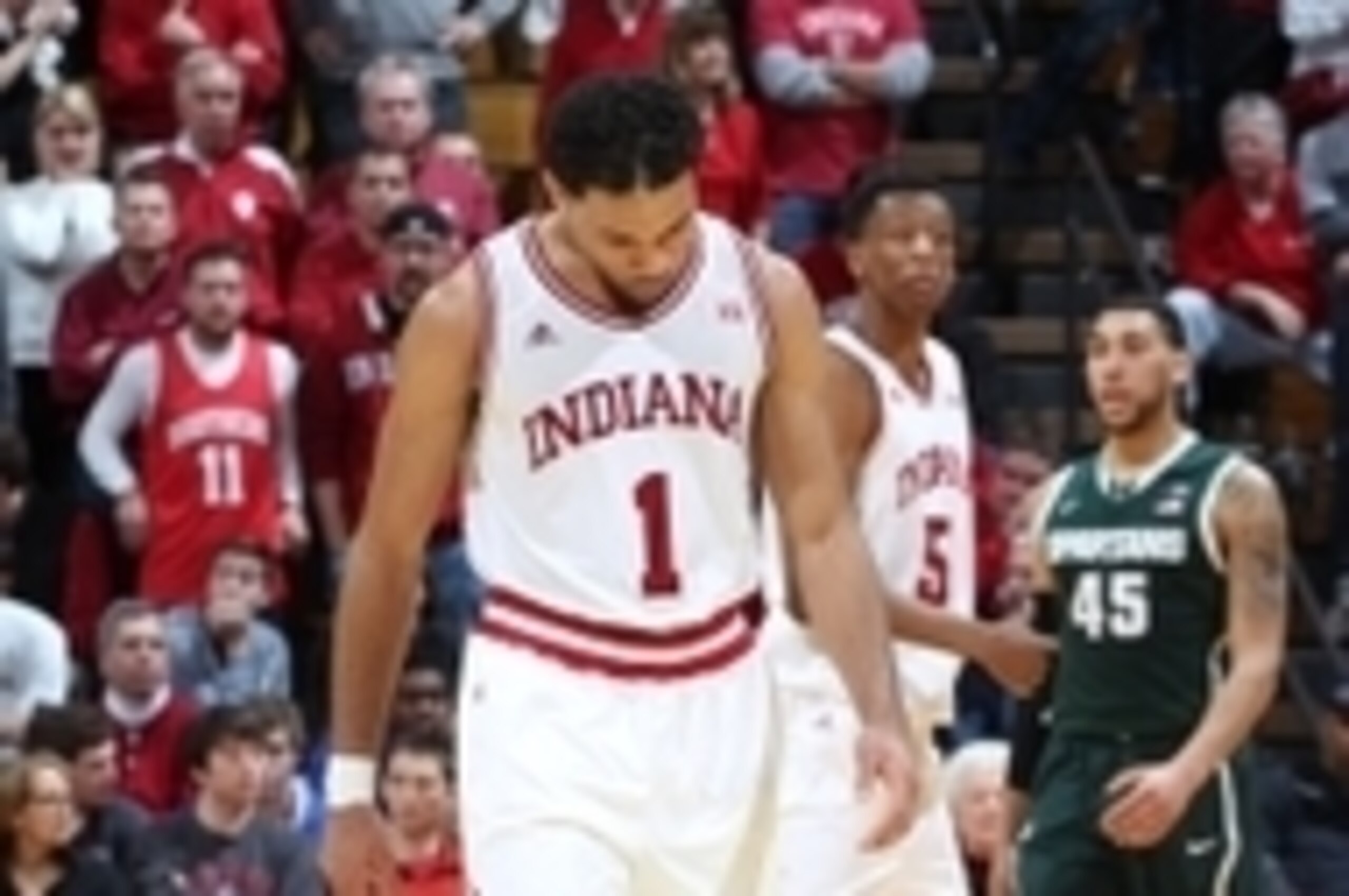 Mar 7, 2015; Bloomington, IN, USA; Indiana Hoosiers guard James Blackmon (1) reacts after turning the ball over late in the game against the Michigan State Spartans at Assembly Hall. Michigan State defeated Indiana 74-72. Mandatory Credit: Brian Spurlock-