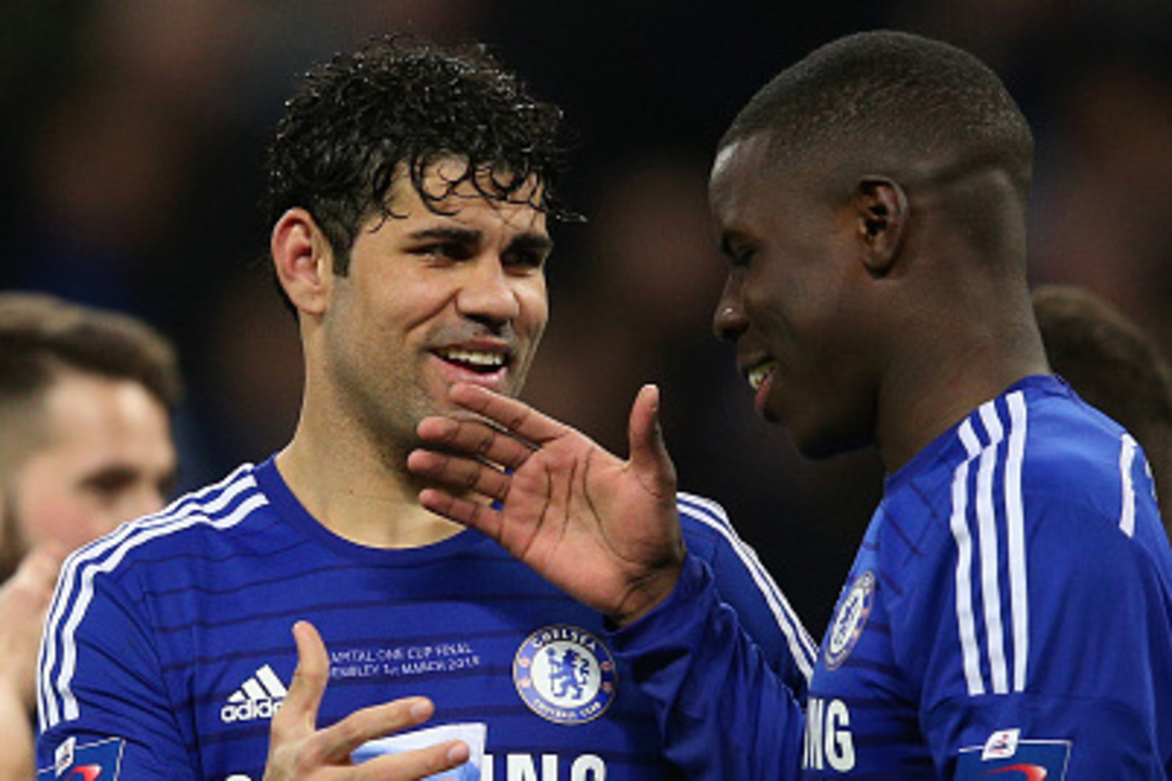 LONDON, ENGLAND - MARCH 01:  Diego Costa of Chelsea and Kurt Zouma of Chelsea celebrate victory in  the Capital One Cup Final match between Chelsea and Tottenham Hotspur at Wembley Stadium on March 1, 2015 in London, England.  (Photo by Clive Mason/Getty 
