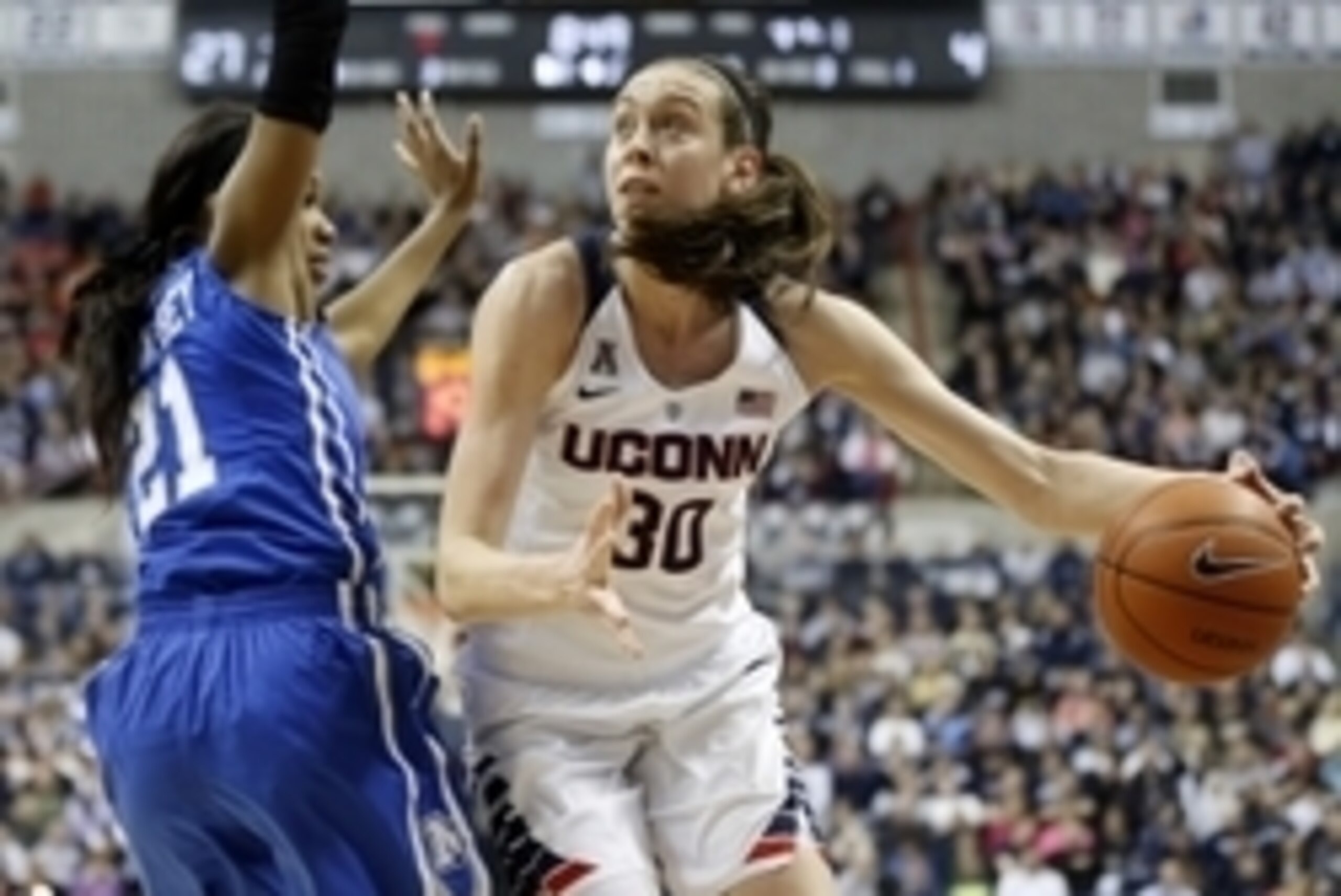 Feb 28, 2015; Storrs, CT, USA; Connecticut Huskies forward Breanna Stewart (30) works the ball against Memphis Lady Tigers forward Asianna Fuqua-Bey (21) during the first half at Harry A. Gampel Pavilion. Mandatory Credit: David Butler II-USA TODAY Sports