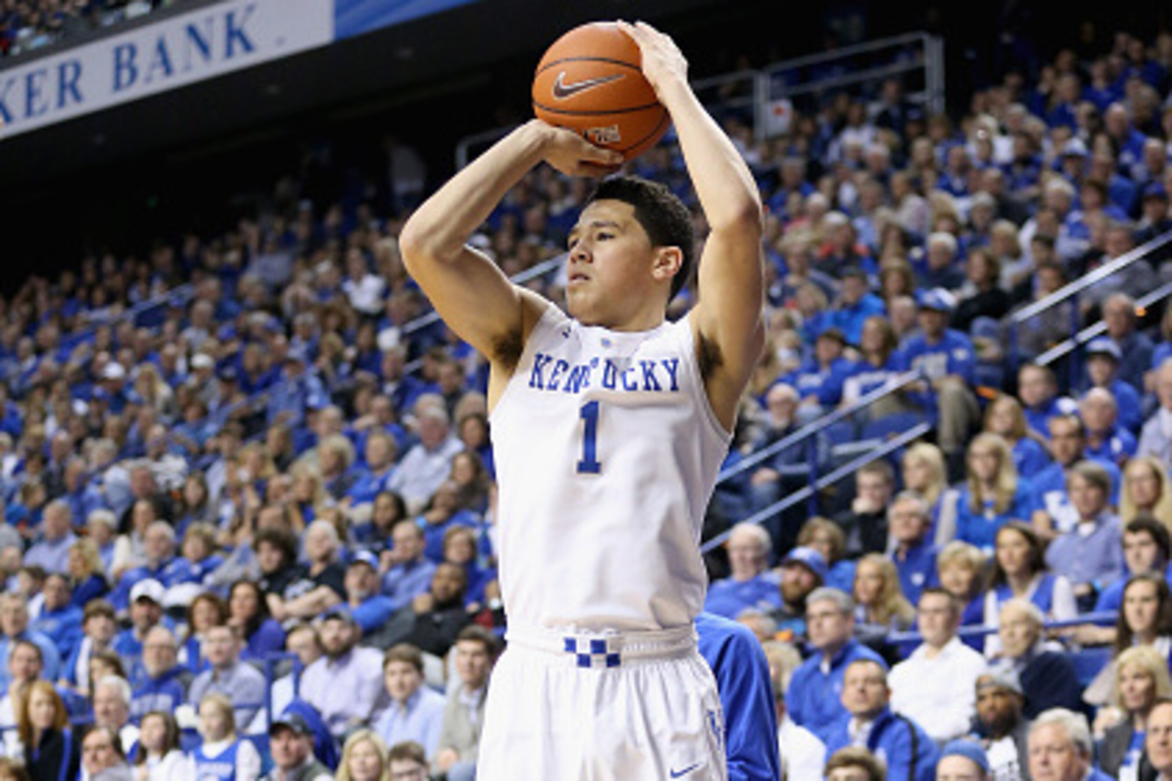 LEXINGTON, KY - FEBRUARY 14:  Devin Booker #1 of the Kentucky Wildcats shoots the ball during the game against the South Carolina Gamecocks at Rupp Arena on February 14, 2015 in Lexington, Kentucky.  (Photo by Andy Lyons/Getty Images)