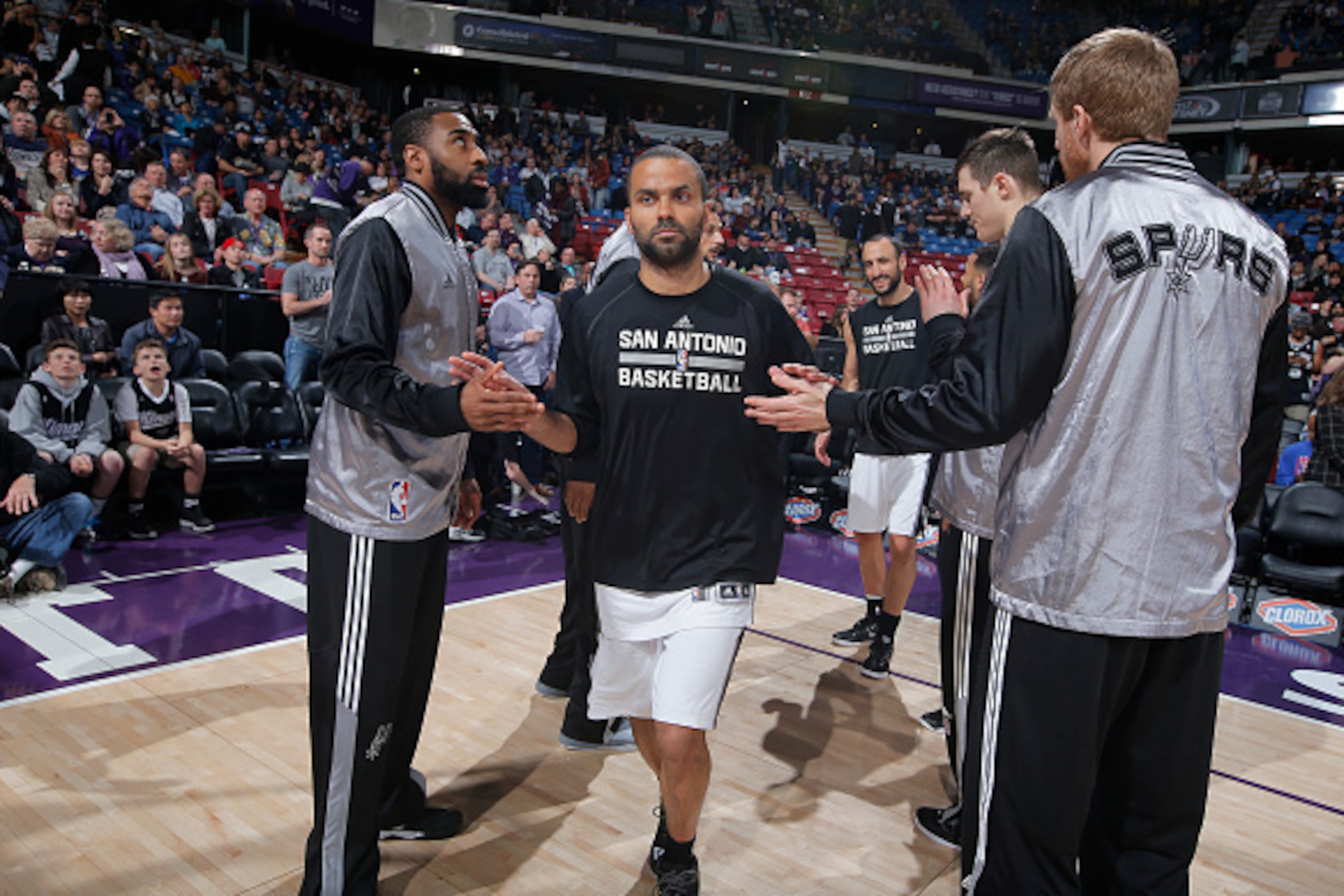 SACRAMENTO, CA - FEBRUARY 27: Tony Parker #9 of the San Antonio Spurs gets introduced into the starting lineup against the Sacramento Kings on February 27, 2015 at Sleep Train Arena in Sacramento, California. NOTE TO USER: User expressly acknowledges and 