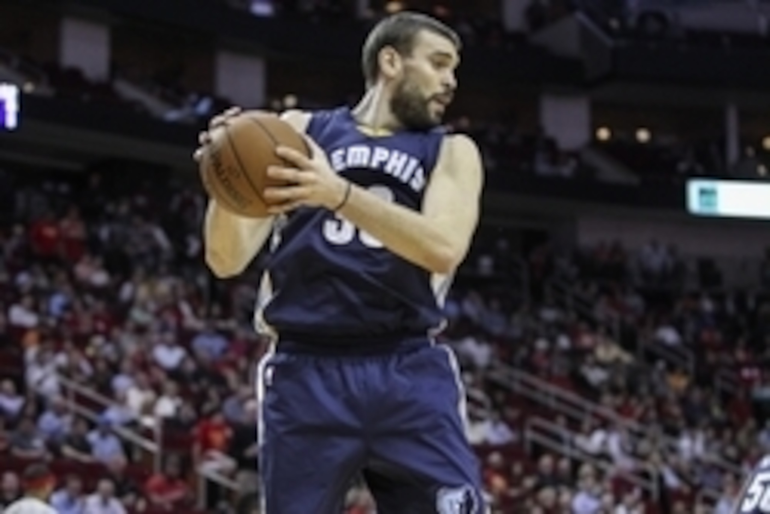 Mar 4, 2015; Houston, TX, USA; Memphis Grizzlies center Marc Gasol (33) grabs a rebound during the first quarter against the Houston Rockets at Toyota Center. Mandatory Credit: Troy Taormina-USA TODAY Sports