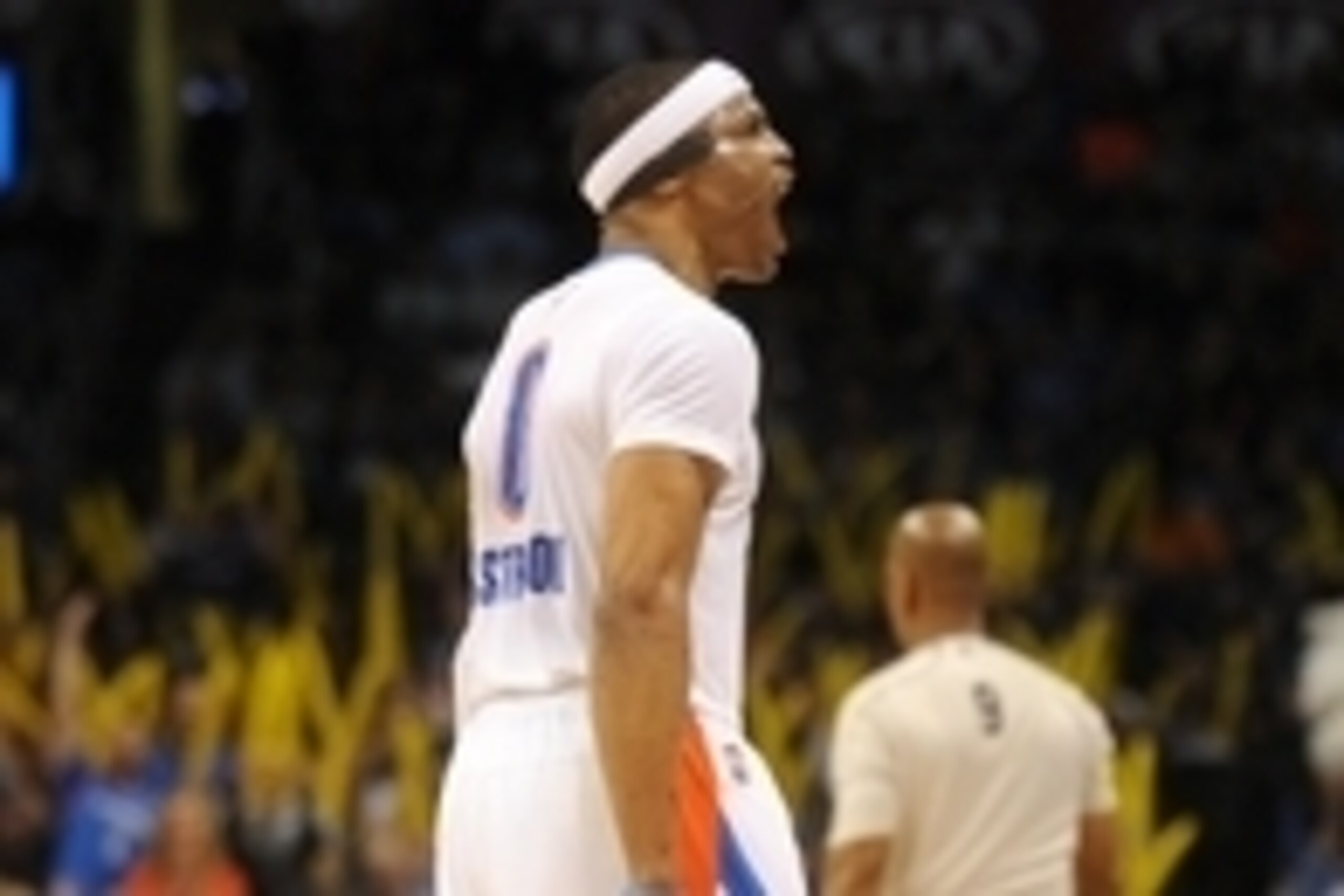 Mar 8, 2015; Oklahoma City, OK, USA; Oklahoma City Thunder guard Russell Westbrook (0) reacts after hitting a 3 point shot against the Toronto Raptors during the fourth quarter at Chesapeake Energy Arena. Mandatory Credit: Mark D. Smith-USA TODAY Sports