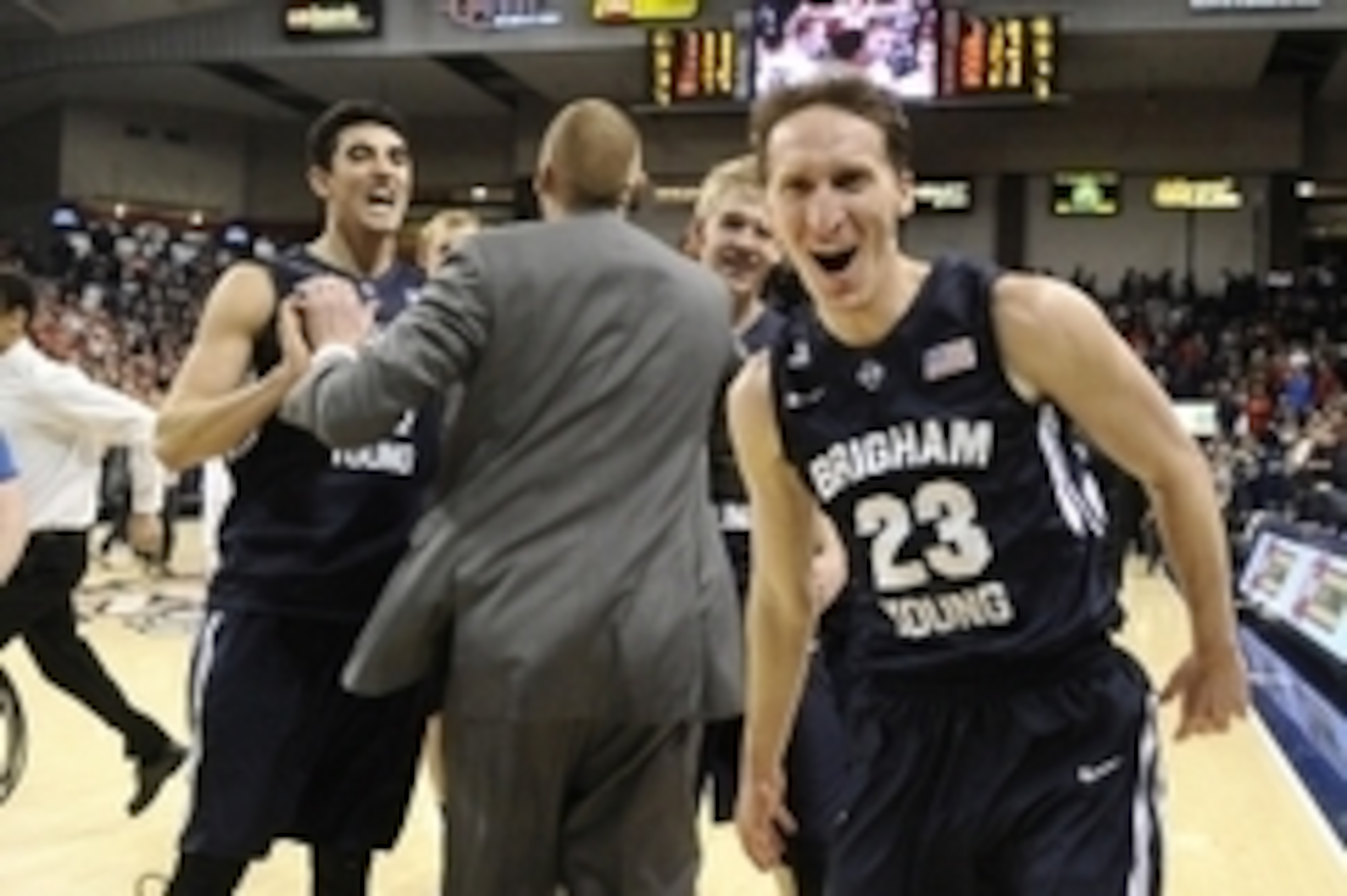 Feb 28, 2015; Spokane, WA, USA; Brigham Young Cougars guard Skyler Halford (23) celebrates after a game against the Gonzaga Bulldogs at McCarthey Athletic Center. The Cougars won 73-70. Mandatory Credit: James Snook-USA TODAY Sports