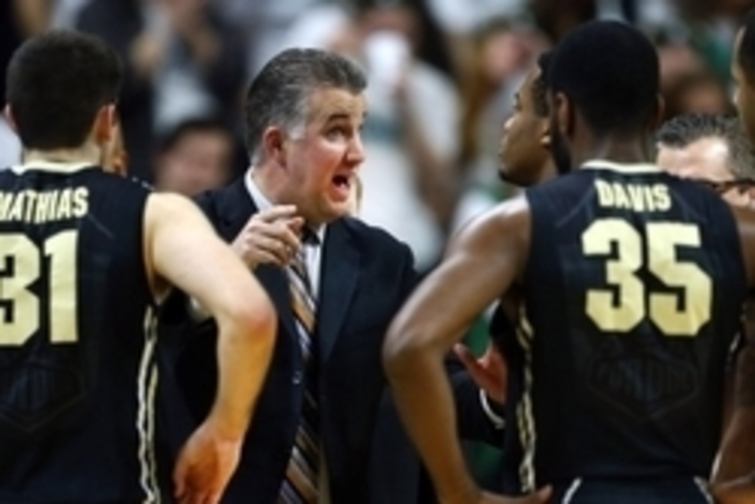 Mar 4, 2015; East Lansing, MI, USA; Purdue Boilermakers head coach Matt Painter reacts to a play against the Michigan State Spartans during the 2nd half of a game at Jack Breslin Student Events Center. Mandatory Credit: Mike Carter-USA TODAY Sports