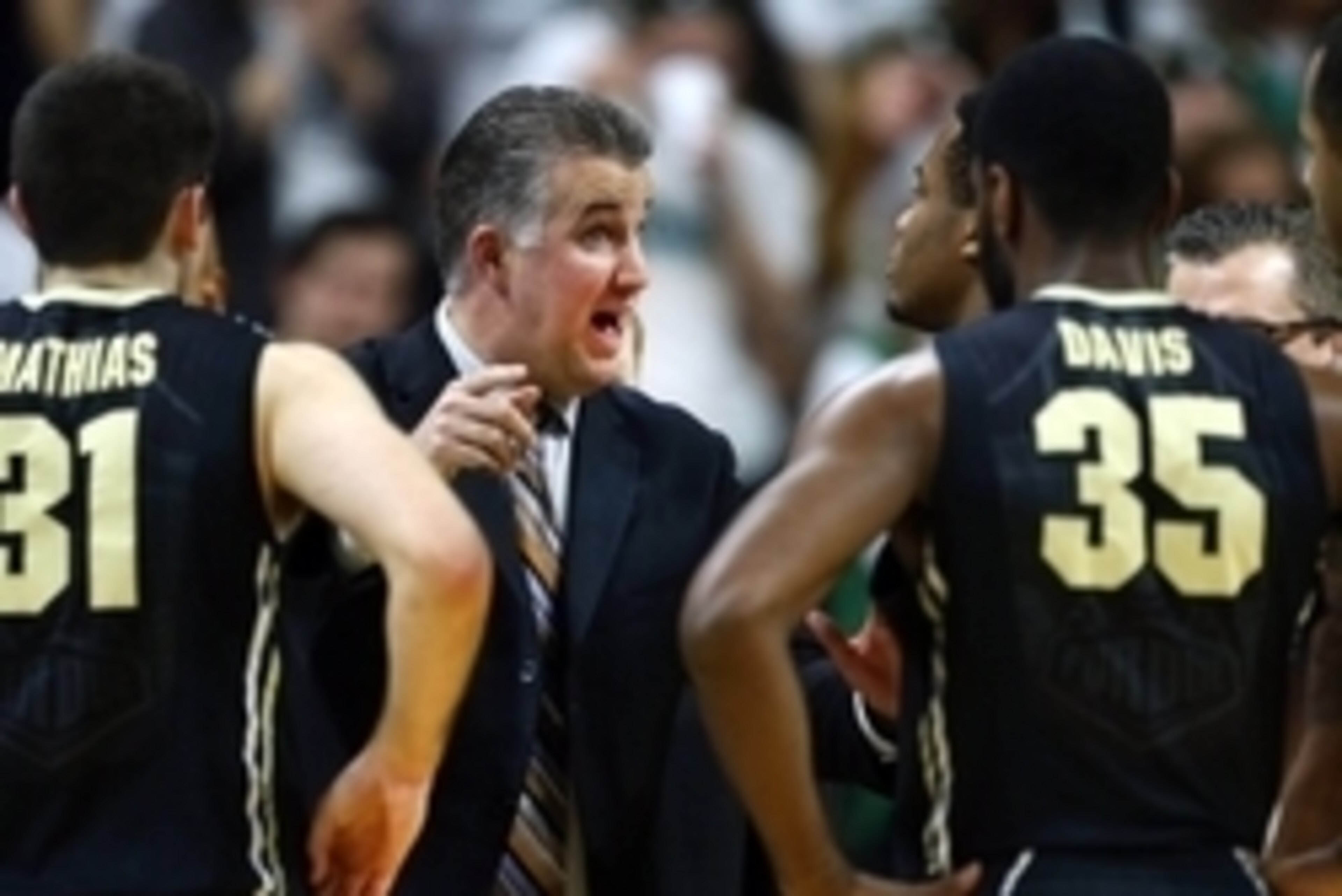 Mar 4, 2015; East Lansing, MI, USA; Purdue Boilermakers head coach Matt Painter reacts to a play against the Michigan State Spartans during the 2nd half of a game at Jack Breslin Student Events Center. Mandatory Credit: Mike Carter-USA TODAY Sports