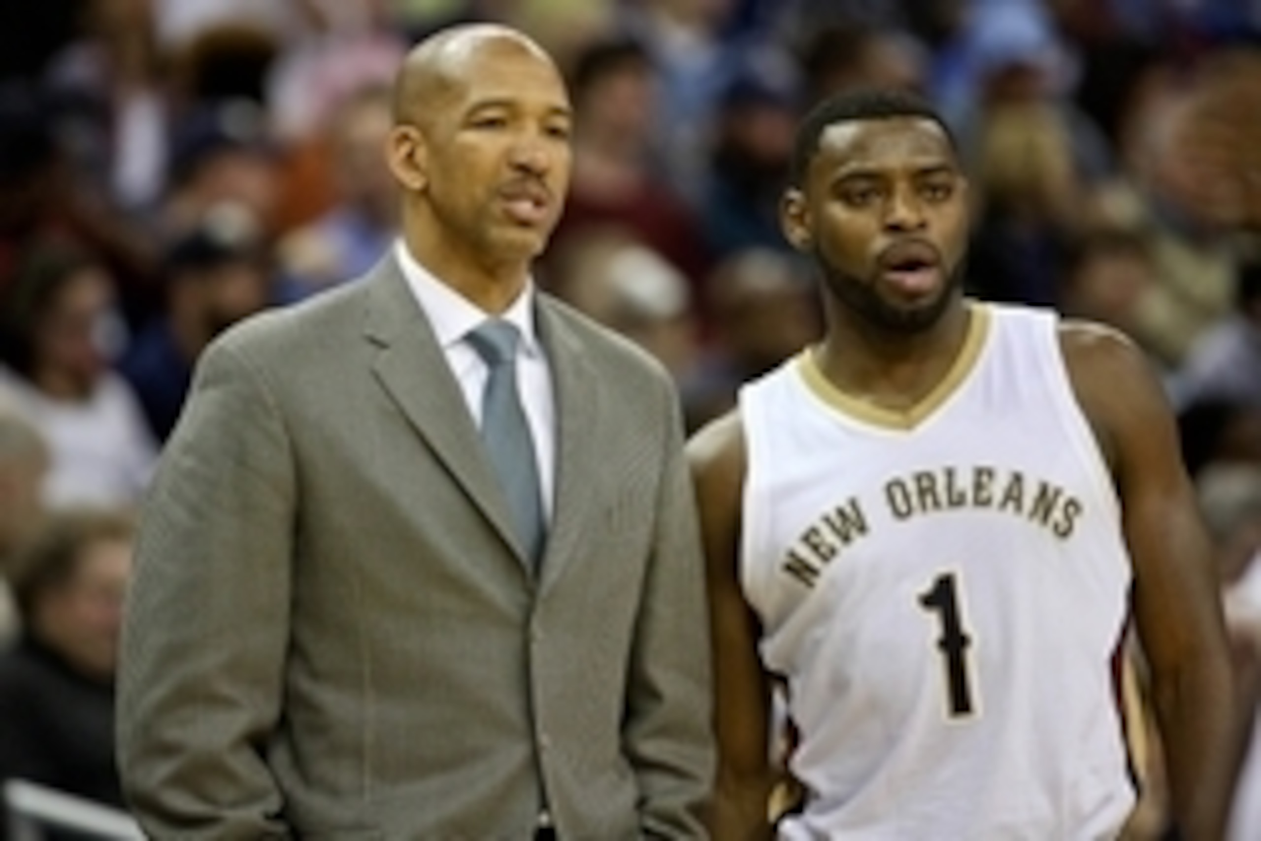 Mar 7, 2015; New Orleans, LA, USA; New Orleans Pelicans head coach Monty Williams and guard Tyreke Evans (1) during the second quarter of a game against the Memphis Grizzlies at the Smoothie King Center. Mandatory Credit: Derick E. Hingle-USA TODAY Sports Mar 7, 2015; New Orleans, LA, USA; New Orleans Pelicans head coach Monty Williams and guard Tyreke Evans (1) during the second quarter of a game against the Memphis Grizzlies at the Smoothie King Center. Mandatory Credit: Derick E. Hingle-USA TODAY Sports