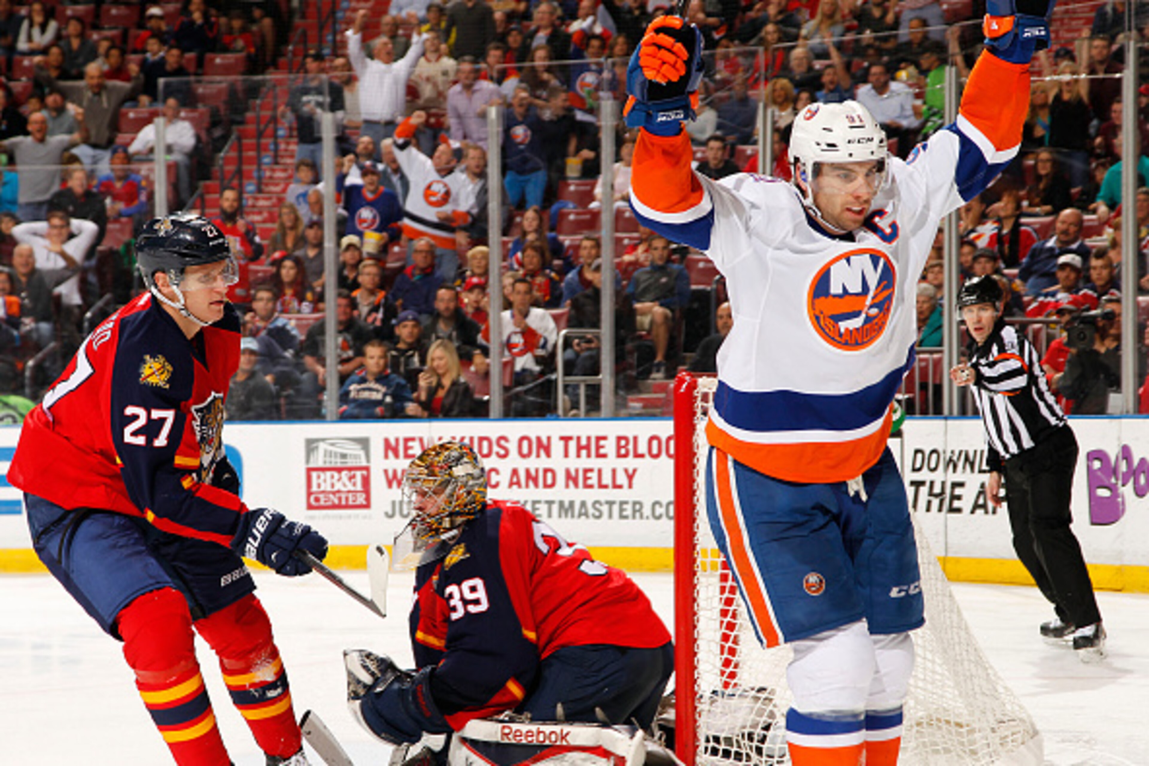 SUNRISE, FL - MARCH 7: John Tavares #91 of the New York Islanders celebrates his goal against the Florida Panthers during the second period at the BB&T Center on March 7, 2015 in Sunrise, Florida. (Photo by Eliot J. Schechter/NHLI via Getty Images)