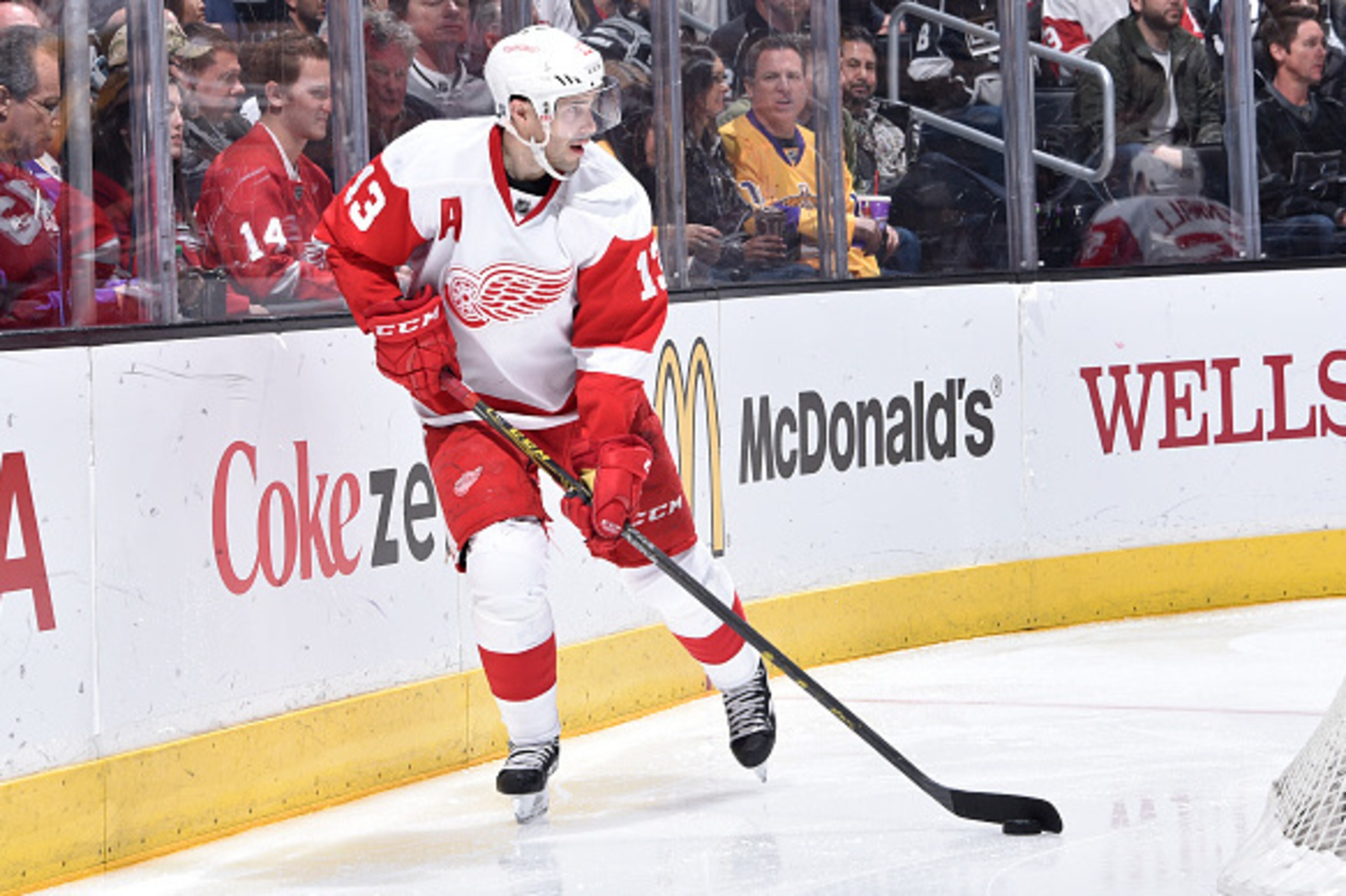 LOS ANGELES, CA - FEBRUARY 24: Pavel Datsyuk #13 of the Detroit Red Wings handles the puck during a game against the Los Angeles Kings at STAPLES Center on February 24, 2015 in Los Angeles, California. (Photo by Juan Ocampo/NHLI via Getty Images)