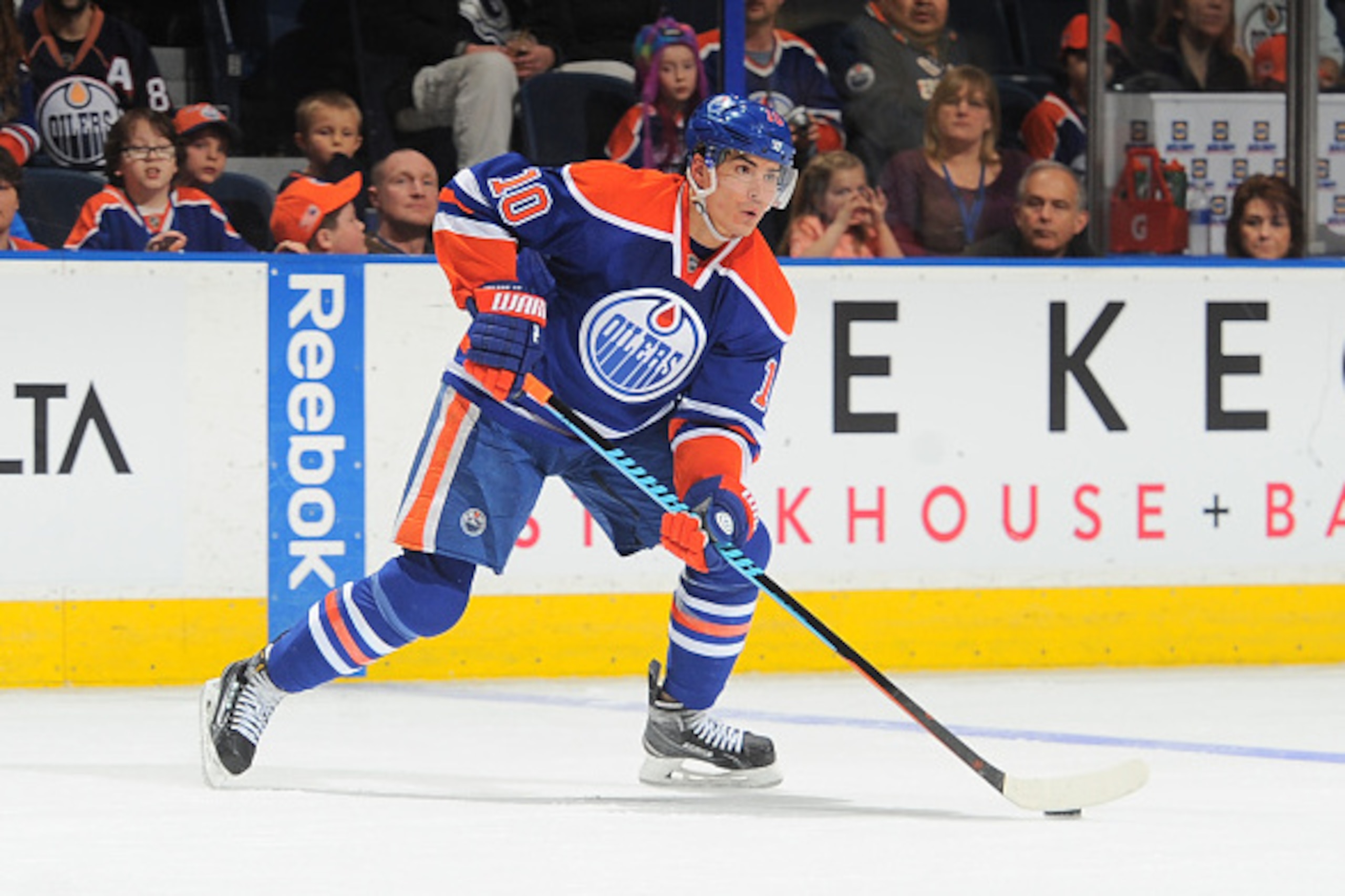 EDMONTON, AB - FEBRUARY 21: Nail Yakupov #10 of the Edmonton Oilers skates on the ice during the game against the Anaheim Ducks on February 21, 2015 at Rexall Place in Edmonton, Alberta, Canada. (Photo by Andy Devlin/NHLI via Getty Images)