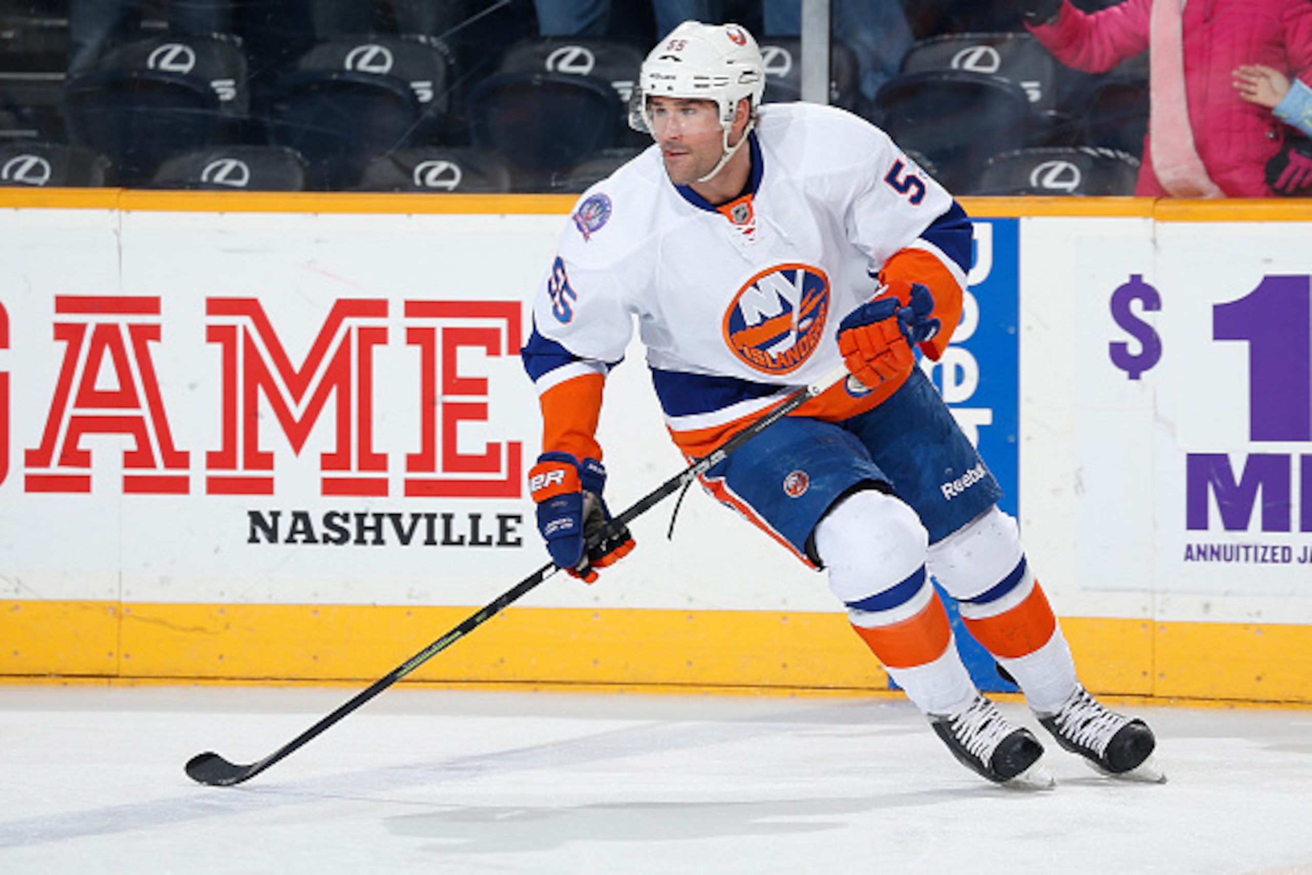NASHVILLE, TN - MARCH 5: Johnny Boychuk #55 of the New York Islanders skates in warm-ups prior to the game against the Nashville Predators during an NHL game at Bridgestone Arena on March 5, 2015 in Nashville, Tennessee. (Photo by John Russell/NHLI via Ge