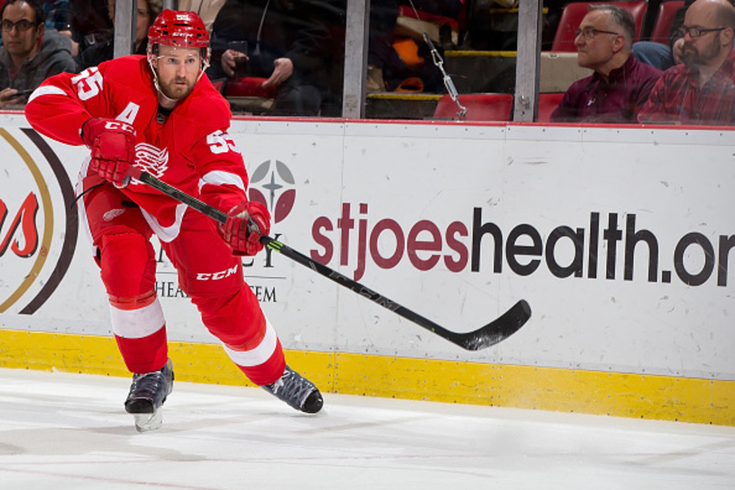 DETROIT, MI - FEBRUARY 16: Niklas Kronwall #55 of the Detroit Red Wings passes the puck during a NHL game against the Montreal Canadiens on February 16, 2015 at Joe Louis Arena in Detroit, Michigan. The Canadiens defeated the Wings 2-0. (Photo by Dave Reg