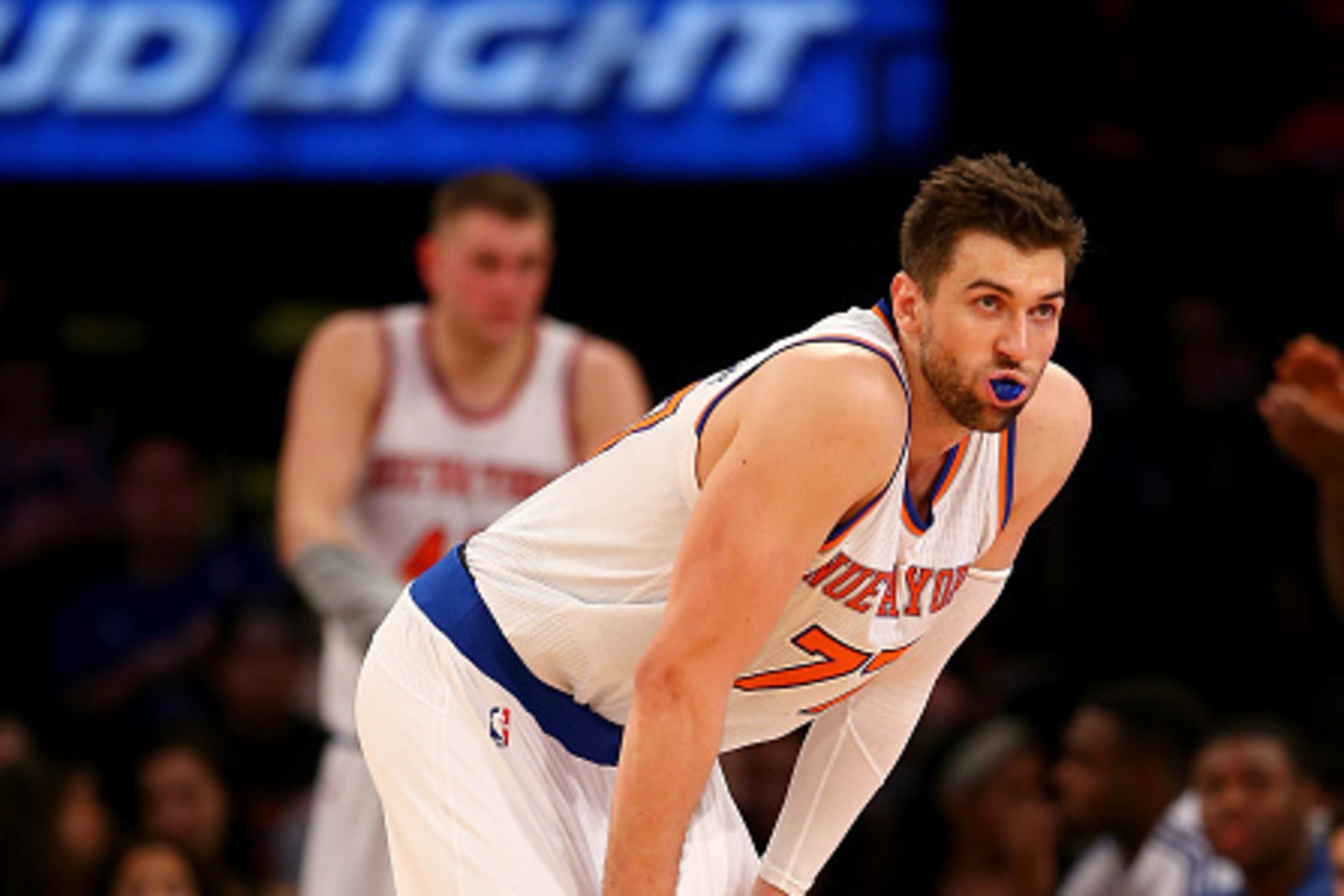 NEW YORK, NY - MARCH 07:  Andrea Bargnani #77 of the New York Knicks reacts after he is called for his sixth foul of the game against the Indiana Pacers at Madison Square Garden on March 7, 2015 in New York City.The Indiana Pacers defeated the New York Kn