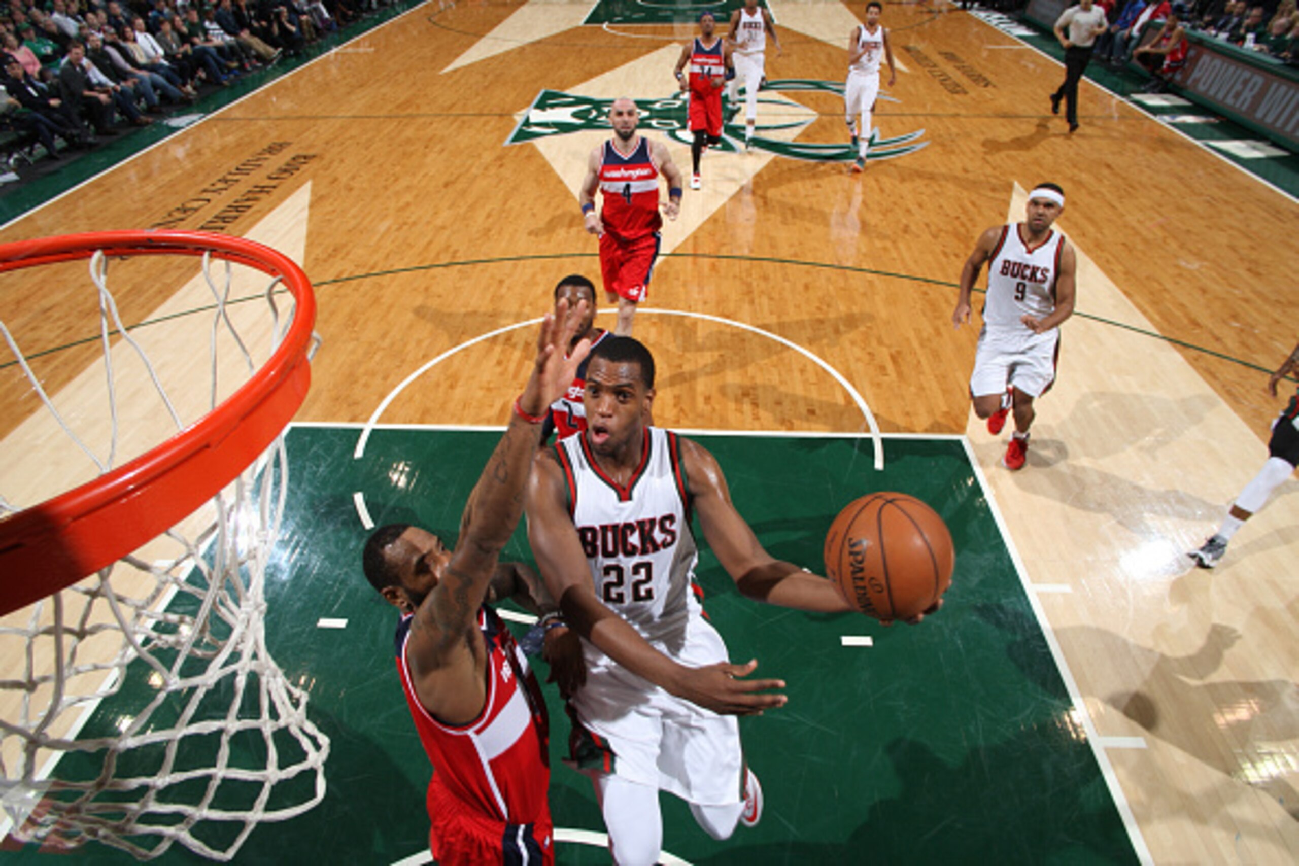 MILWAUKEE, WI - MARCH 7: Khris Middleton #22 of the Milwaukee Bucks goes for the lay up against the Washington Wizards during the game on March 7, 2015 at BMO Harris Bradley Center in Milwaukee, Wisconsin. NOTE TO USER: User expressly acknowledges and agr