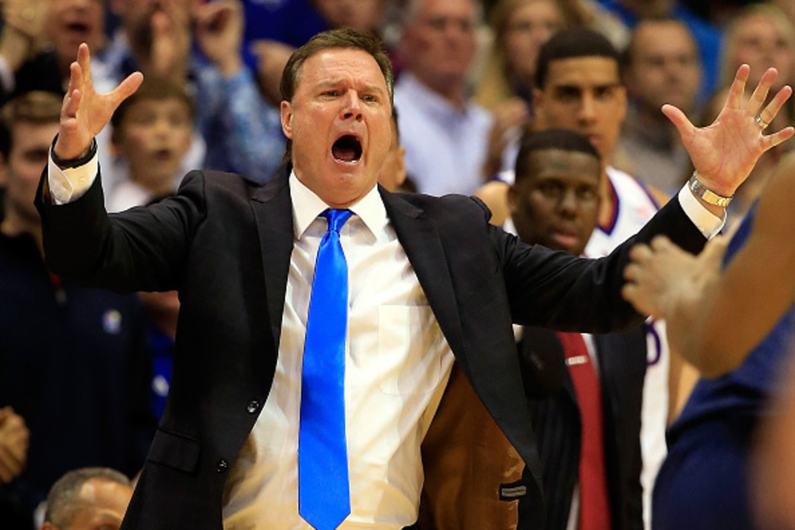 LAWRENCE, KS - MARCH 03: Head coach Bill Self of the Kansas Jayhawks yells from the bench during the game against the West Virginia Mountaineers at Allen Fieldhouse on March 3, 2015 in Lawrence, Kansas. (Photo by Jamie Squire/Getty Images) LAWRENCE, KS - MARCH 03: Head coach Bill Self of the Kansas Jayhawks yells from the bench during the game against the West Virginia Mountaineers at Allen Fieldhouse on March 3, 2015 in Lawrence, Kansas. (Photo by Jamie Squire/Getty Images)