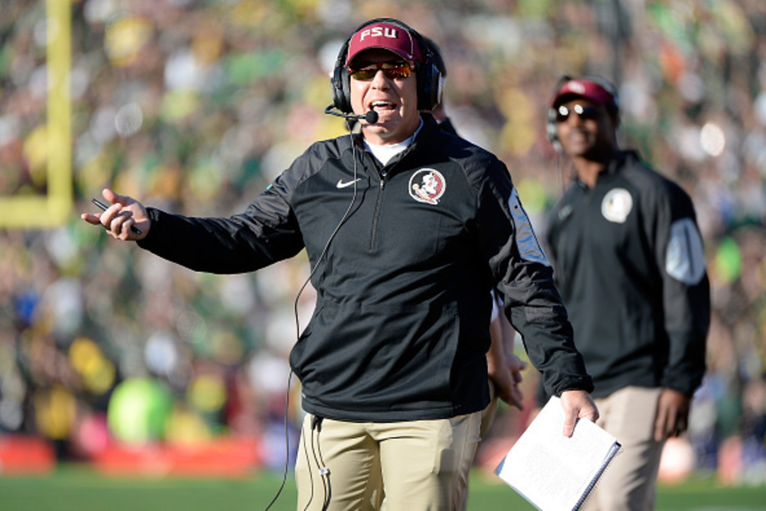 PASADENA, CA - JANUARY 01:  Florida State Seminoles head coach Jimbo Fisher reacts to a play against the Oregon Ducks during the College Football Playoff Semifinal at the Rose Bowl Game presented by Northwestern Mutual at the Rose Bowl on January 1, 2015 
