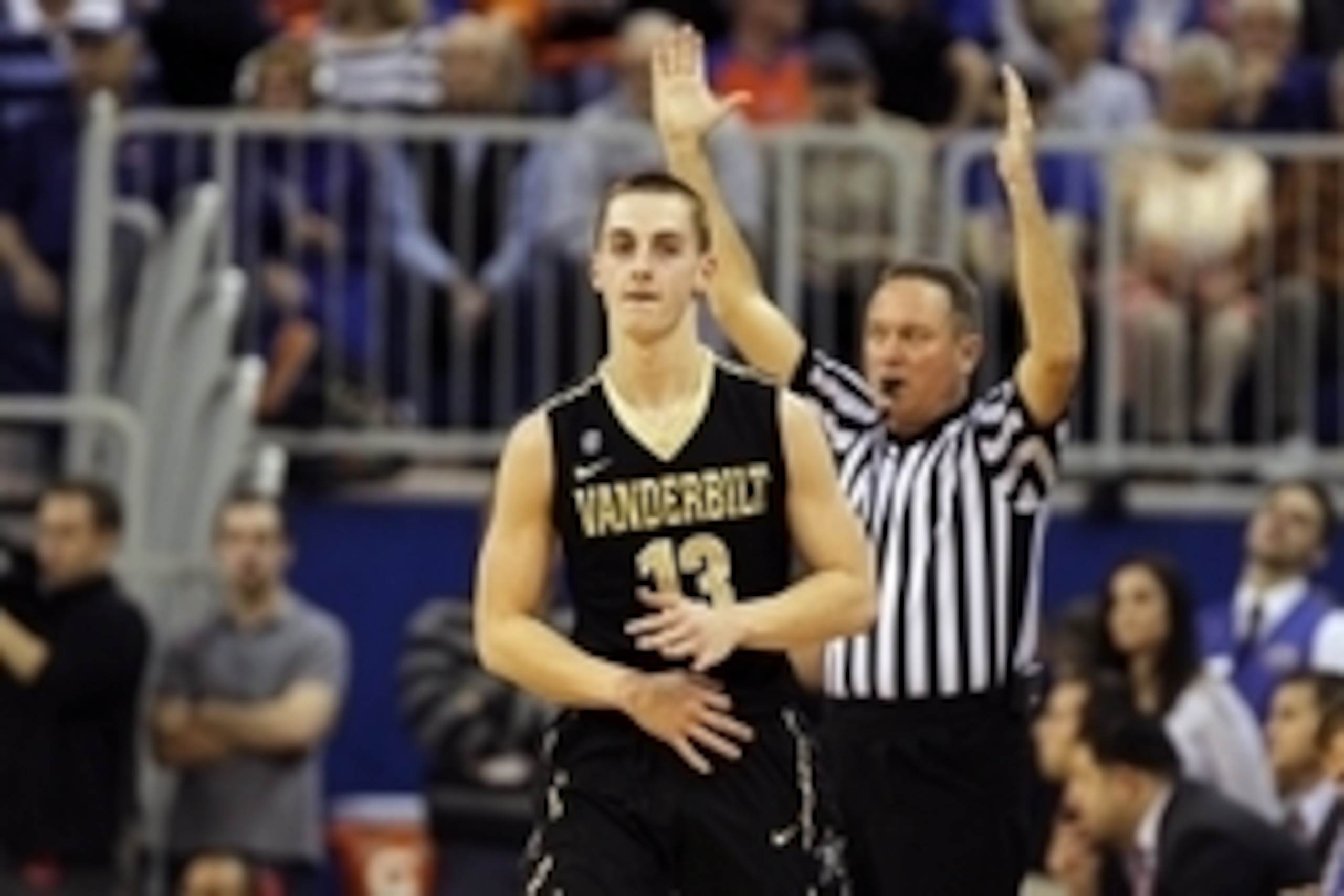 Feb 18, 2015; Gainesville, FL, USA; Vanderbilt Commodores guard Riley LaChance (13) reacts after he made a three pointer as time expired at the end of the the first half against the Florida Gators at Stephen C. O'Connell Center. Mandatory Credit: Kim Klem Feb 18, 2015; Gainesville, FL, USA; Vanderbilt Commodores guard Riley LaChance (13) reacts after he made a three pointer as time expired at the end of the the first half against the Florida Gators at Stephen C. O'Connell Center. Mandatory Credit: Kim Klem