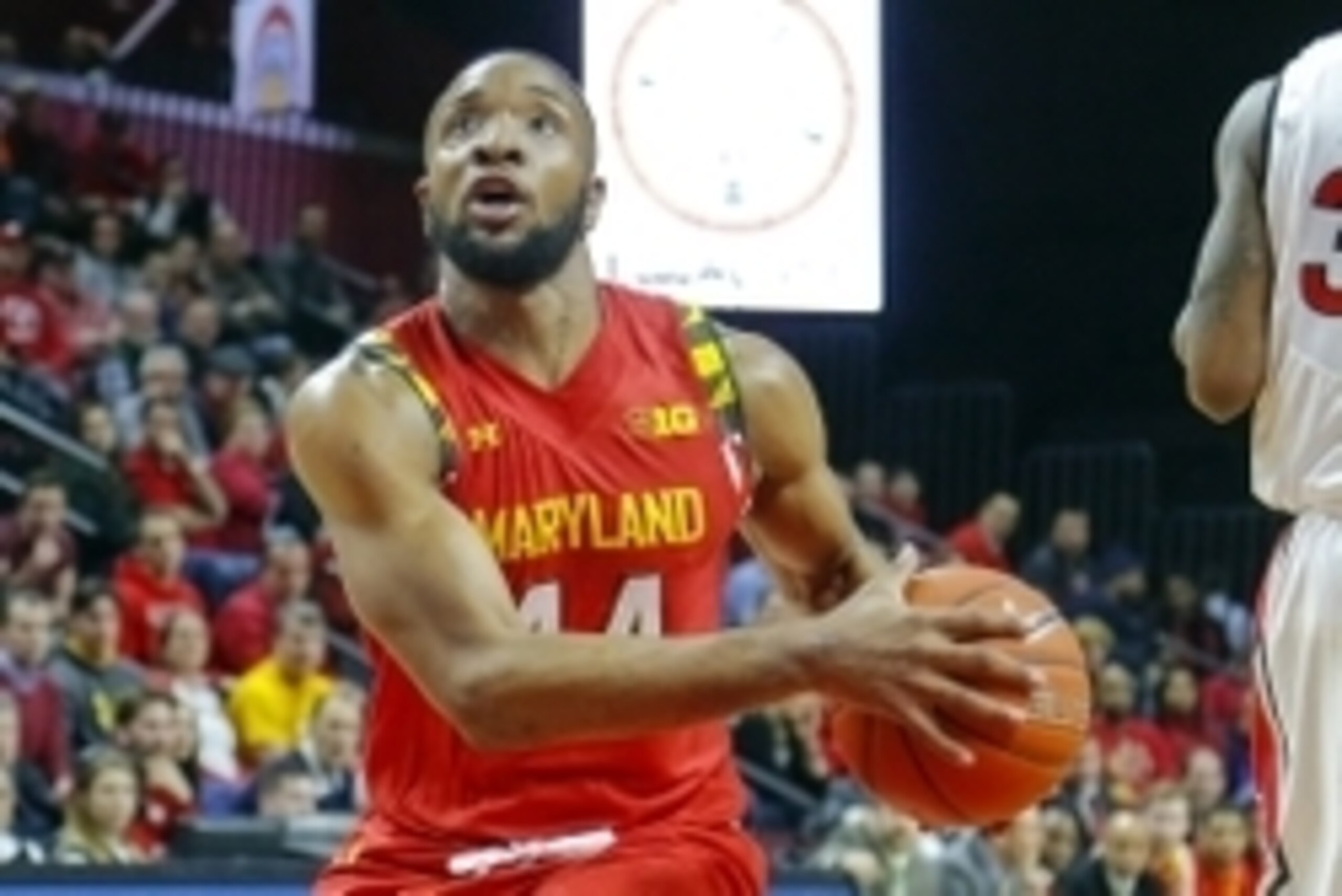 Mar 3, 2015; Piscataway, NJ, USA;  Maryland Terrapins guard/forward Dez Wells (44) drives to the basket during the first half against the Rutgers Scarlet Knights at the Louis Brown Athletic Center. Mandatory Credit: Jim O'Connor-USA TODAY Sports