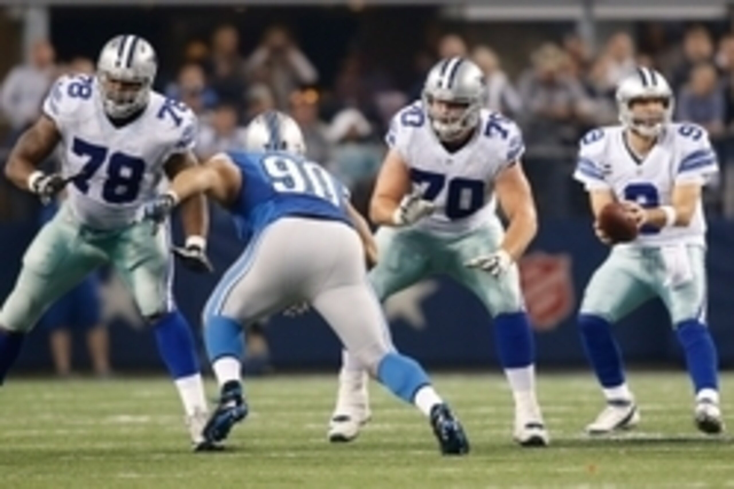 Jan 4, 2015; Arlington, TX, USA Dallas Cowboys tackle Jermey Parnell (78) and guard Zack Martin (70) block Detroit Lions defensive tackle Ndamukong Suh (90) in the NFC Wild Card Playoff Game at AT&T Stadium. Dallas beat Detroit 24-20. Mandatory Credit: Ti