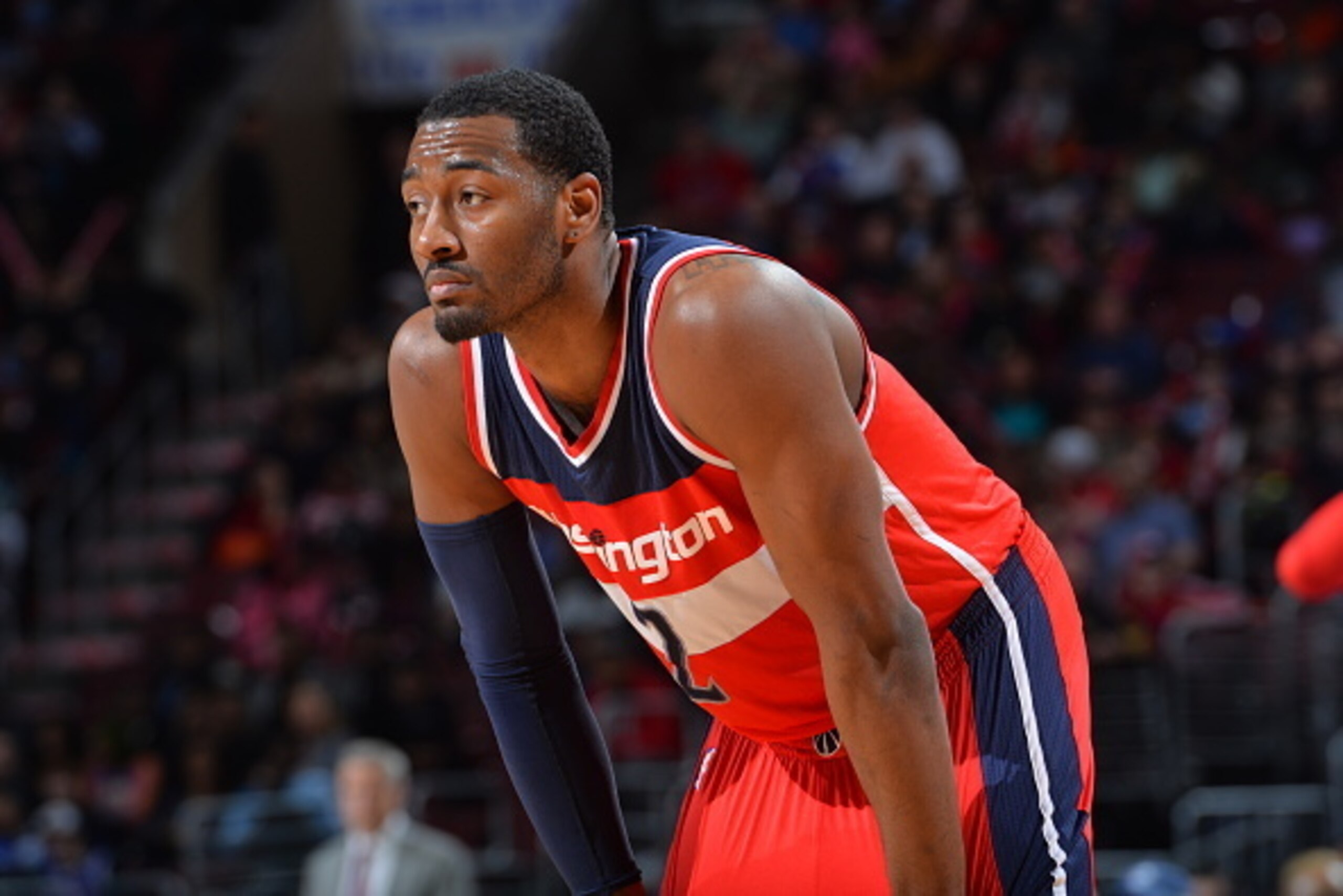 PHILADELPHIA,PA - FEBRUARY 27: John Wall #2 of the Washington Wizards looks on against the Philadelphia 76ers  at Wells Fargo Center on February 27, 2015 in Philadelphia, Pennsylvania NOTE TO USER: User expressly acknowledges and agrees that, by downloadi