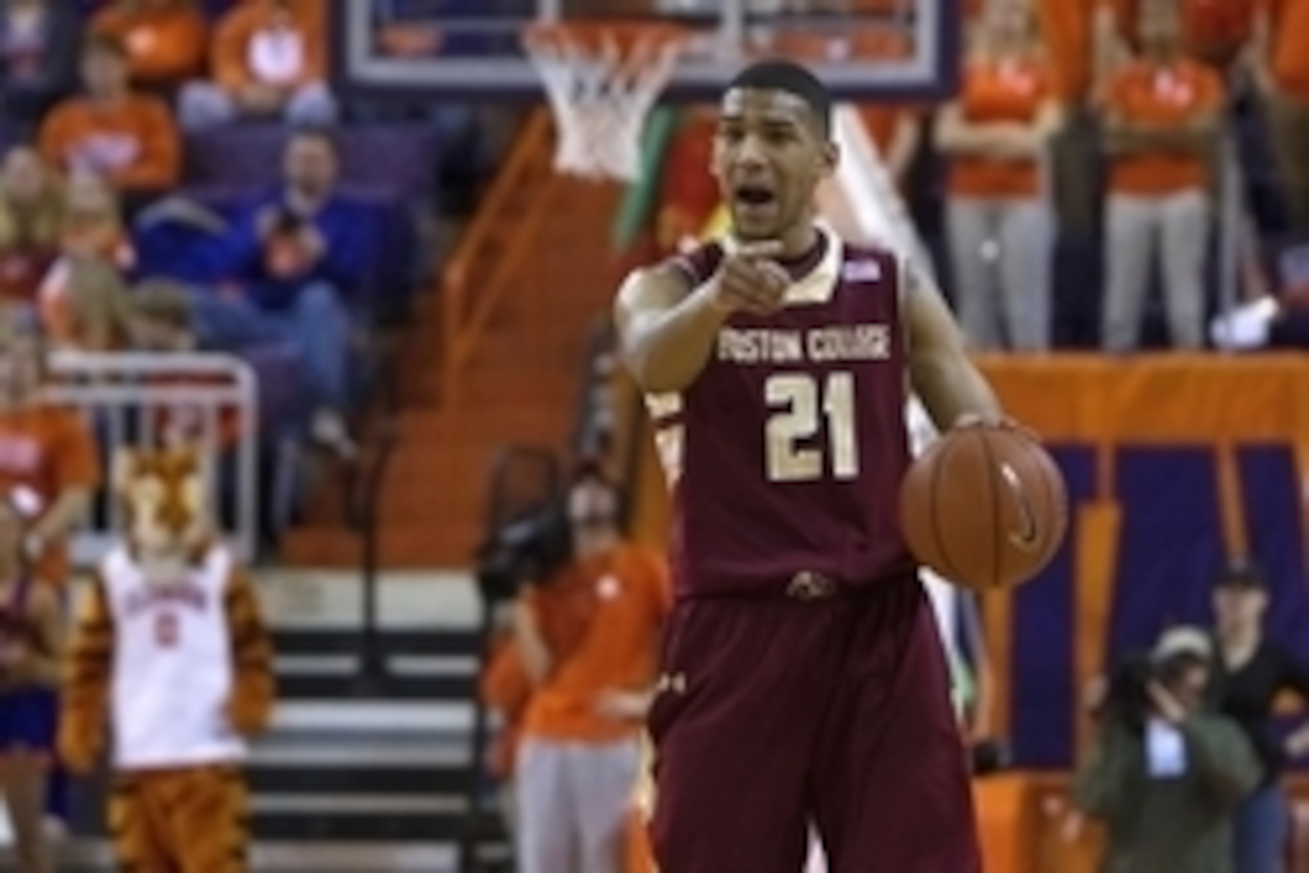 Jan 31, 2015; Clemson, SC, USA; Boston College Eagles guard Olivier Hanlan (21) calls a play during the first half against the Clemson Tigers at Littlejohn Coliseum. Mandatory Credit: Joshua S. Kelly-USA TODAY Sports