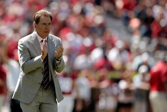 TUSCALOOSA, AL - APRIL 19:  Head coach Nick Saban of the Alabama Crimson Tide watches action during the Alabama A-Day spring game at Bryant-Denny Stadium on April 19, 2014 in Tuscaloosa, Alabama.  (Photo by Stacy Revere/Getty Images)