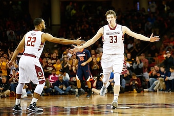 CHESTNUT HILL, MA - JANUARY 17:  Patrick Heckmann #33 of the Boston College Eagles celebrates a shot in the second half with teammate Maleek Frazier #22 against the Virginia Cavaliers during the game at Conte Forum on January 17, 2015 in Chestnut Hill, Ma