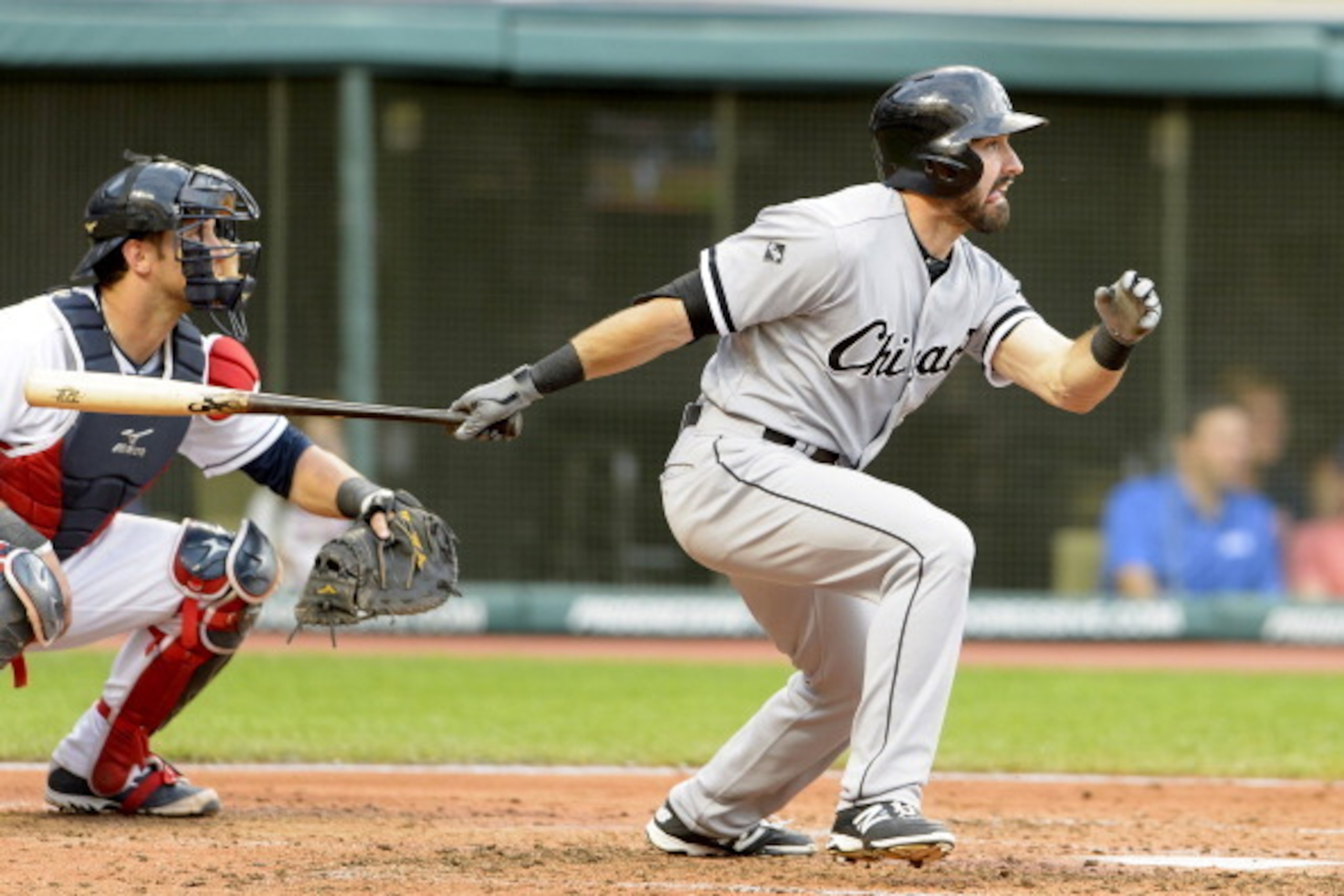 CLEVELAND, OH - JULY 11: Adam Eaton #1 of the Chicago White Sox hits an RBI double during the fourth inning against the Cleveland Indians at Progressive Field on July 11, 2014 in Cleveland, Ohio. (Photo by Jason Miller/Getty Images)