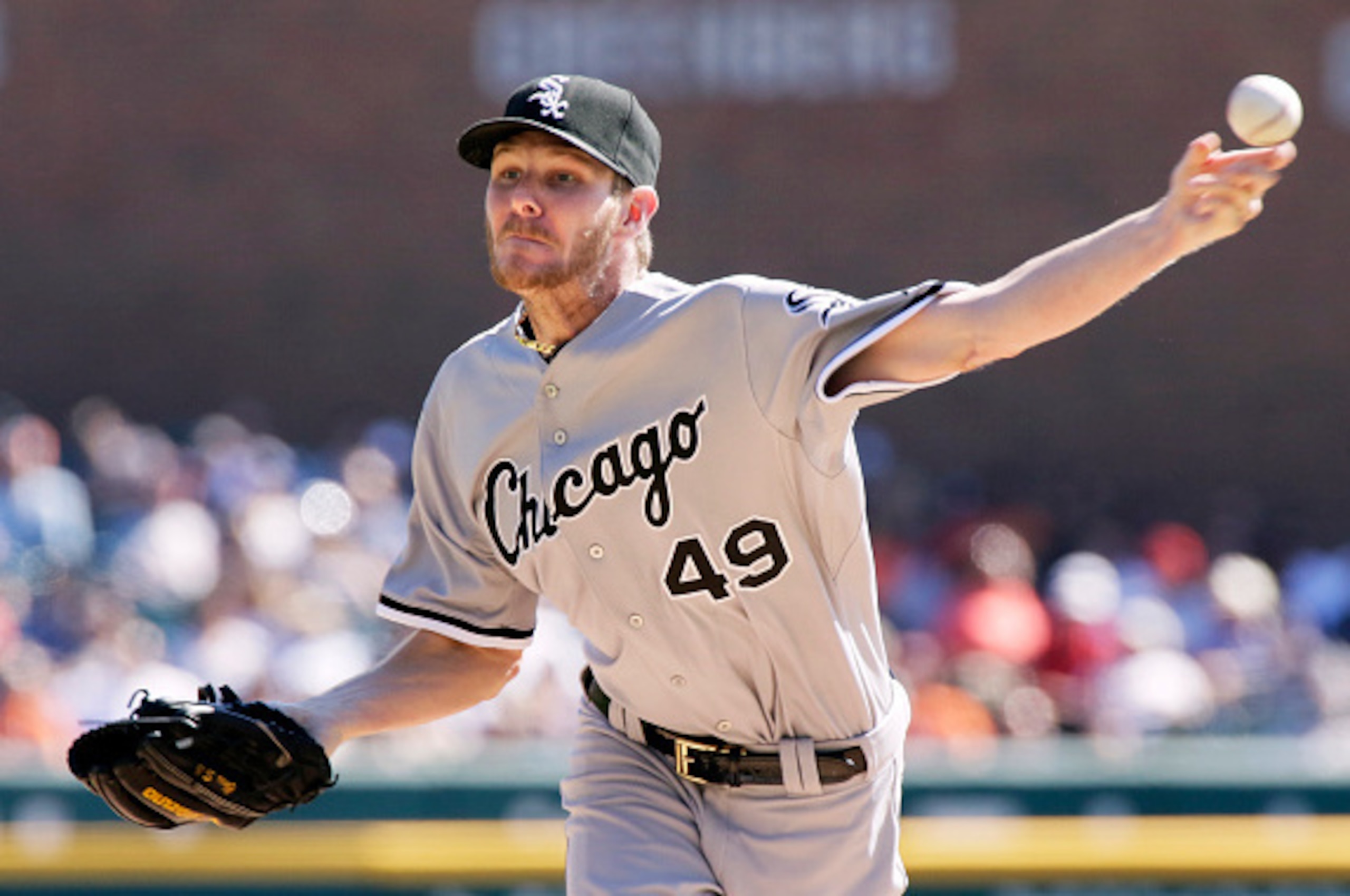 DETROIT, MI - SEPTEMBER 24:  Chris Sale #49 of the Chicago White Sox pitches against the Detroit Tigers during the first inning at Comerica Park on September 24, 2014, in Detroit, Michigan. (Photo by Duane Burleson/Getty Images)