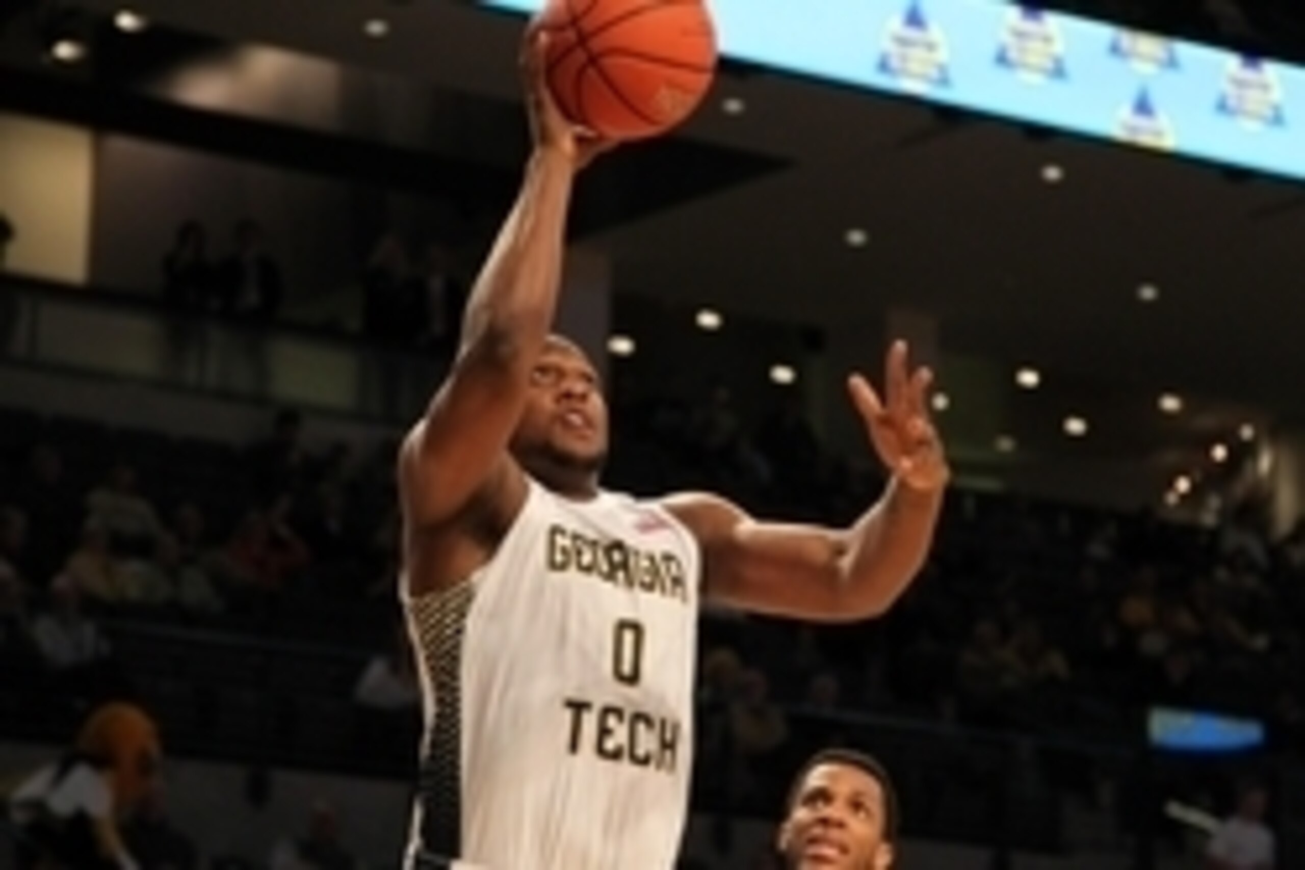 Feb 16, 2015; Atlanta, GA, USA; Georgia Tech Yellow Jackets forward Charles Mitchell (0) shoots the ball against the Clemson Tigers in the second half at McCamish Pavilion. Georgia Tech defeated Clemson 63-52. Mandatory Credit: Brett Davis-USA TODAY Sport
