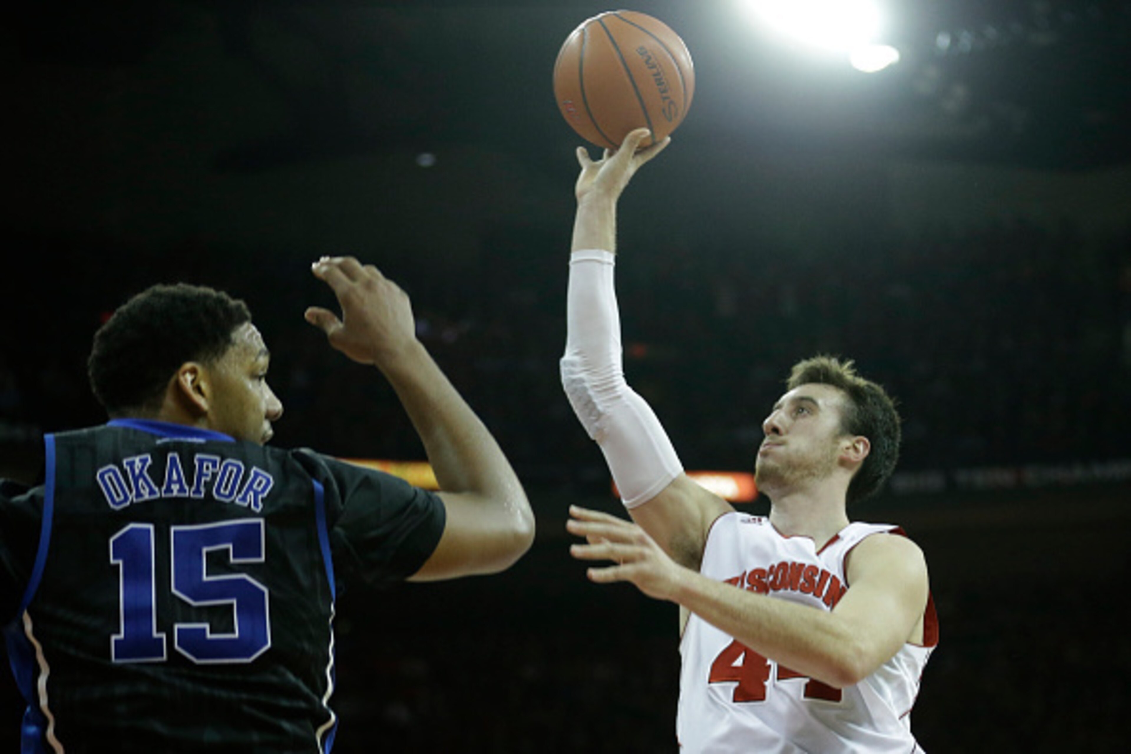 MADISON, WI - DECEMBER 03: Frank Kaminsky #44 of the Wisconsin Badgers drives to the hoop during the second half of play against the Duke Blue Devils at Kohl Center on December 03, 2014 in Madison, Wisconsin. (Photo by Mike McGinnis/Getty Images)