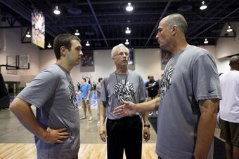 From left: Jake Eastman, Clippers executive (and Jake's father) Kevin Eastman and basketball analyst Jay Bilas
