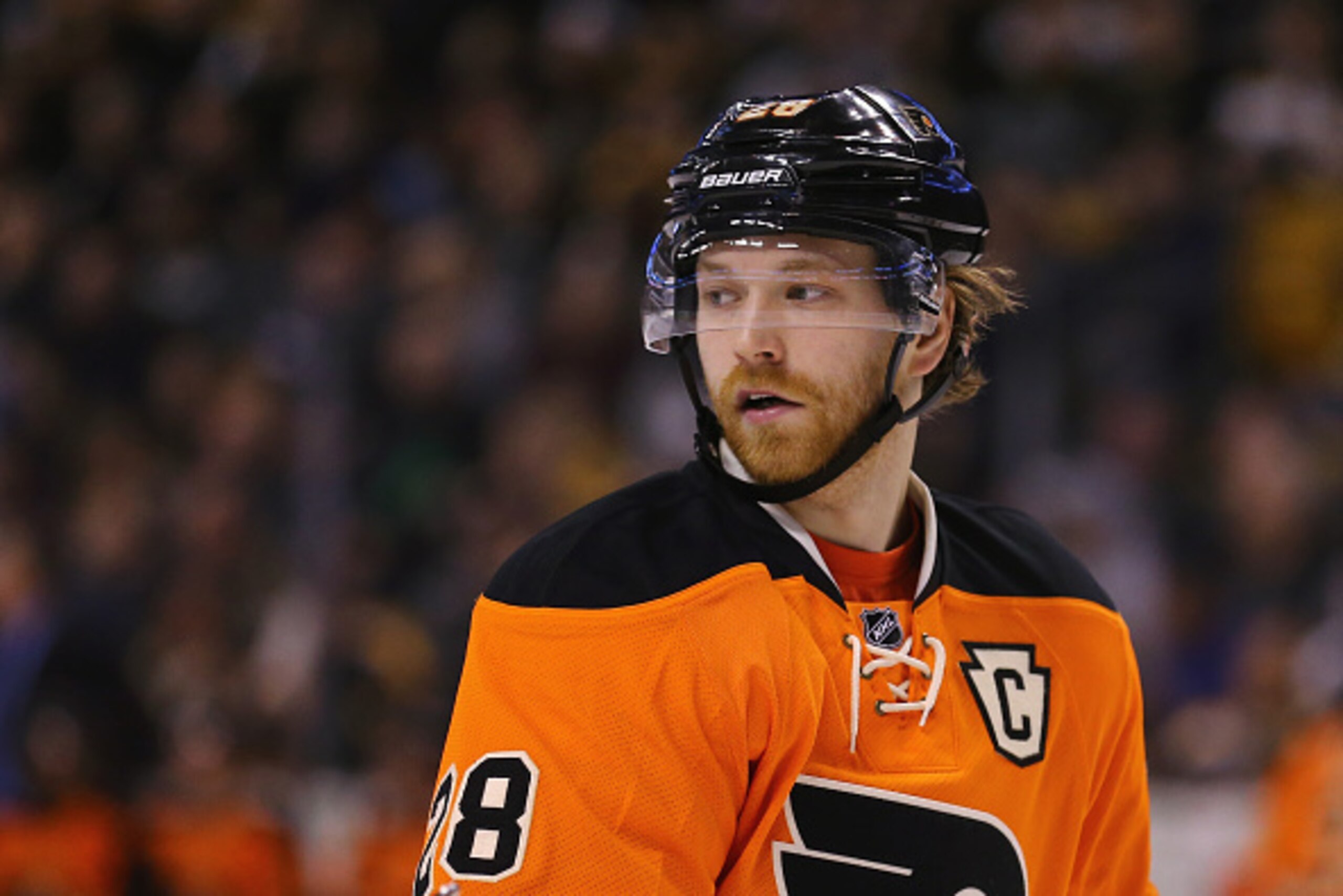 BOSTON, MA - MARCH 07:  Claude Giroux #28 of the Philadelphia Flyers looks on during the third period against the Boston Bruins at TD Garden on March 7, 2015 in Boston, Massachusetts. The Bruins defeat the Flyers 3-2 in overtime.  (Photo by Maddie Meyer/G