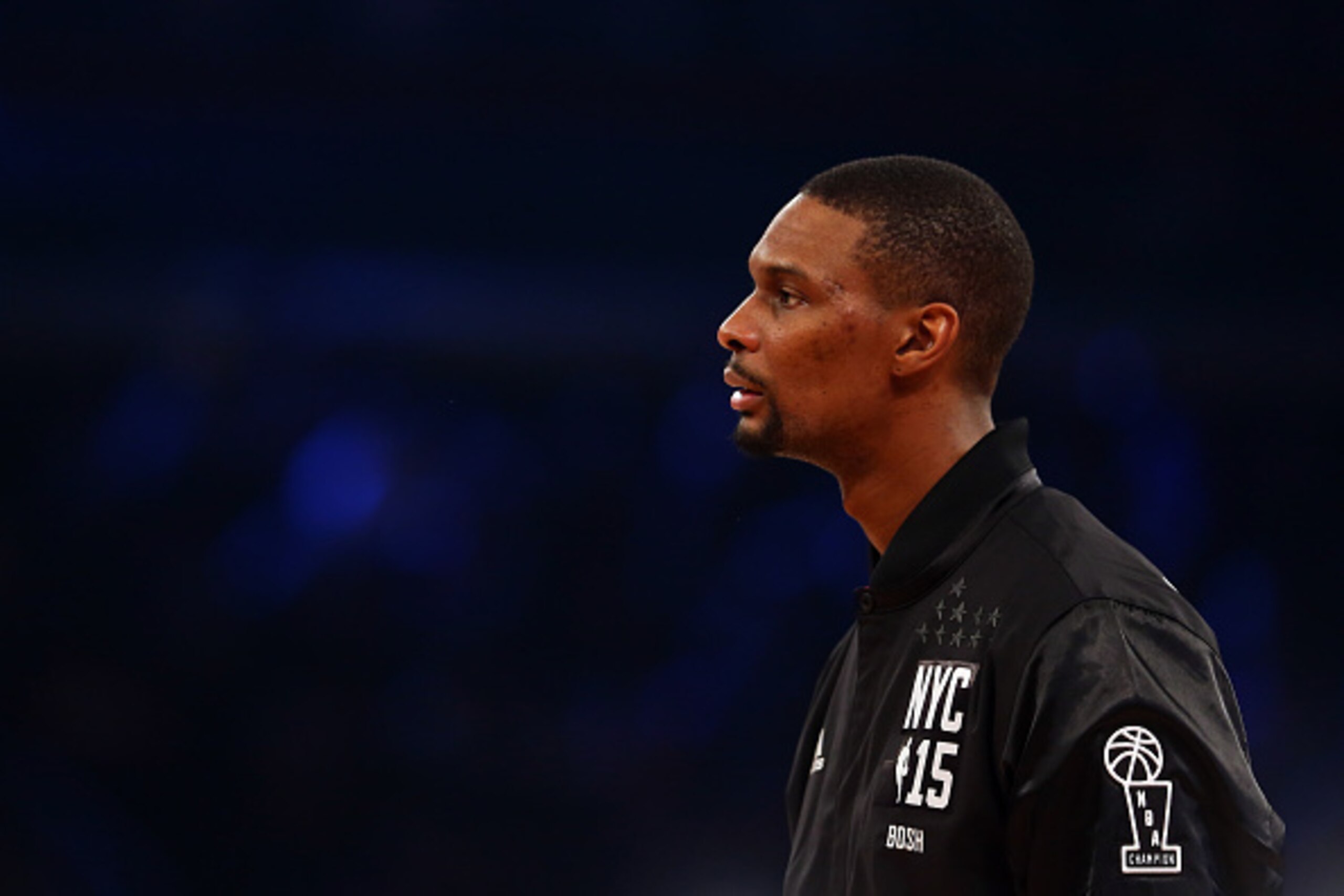 NEW YORK, NY - FEBRUARY 15:  Chris Bosh #1 of the Miami Heat and the Eastern Conference looks on during the 2015 NBA All-Star Game at Madison Square Garden on February 15, 2015 in New York City.  NOTE TO USER: User expressly acknowledges and agrees that, 