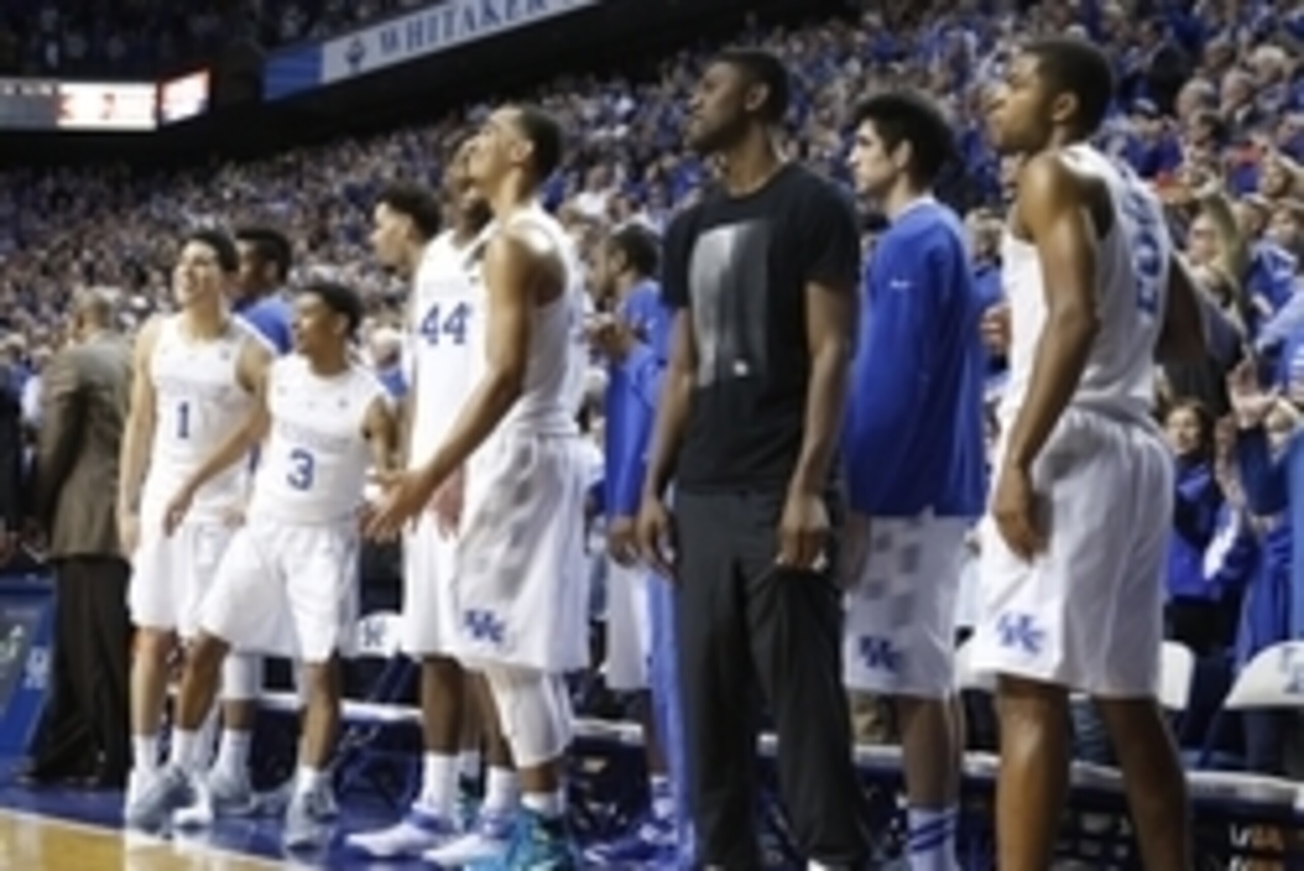 Mar 7, 2015; Lexington, KY, USA; The Kentucky Wildcats bench celebrates during the game against the Florida Gators in the second half at Rupp Arena. Kentucky Wildcats defeated the Florida Gators 67-50. Mandatory Credit: Mark Zerof-USA TODAY Sports