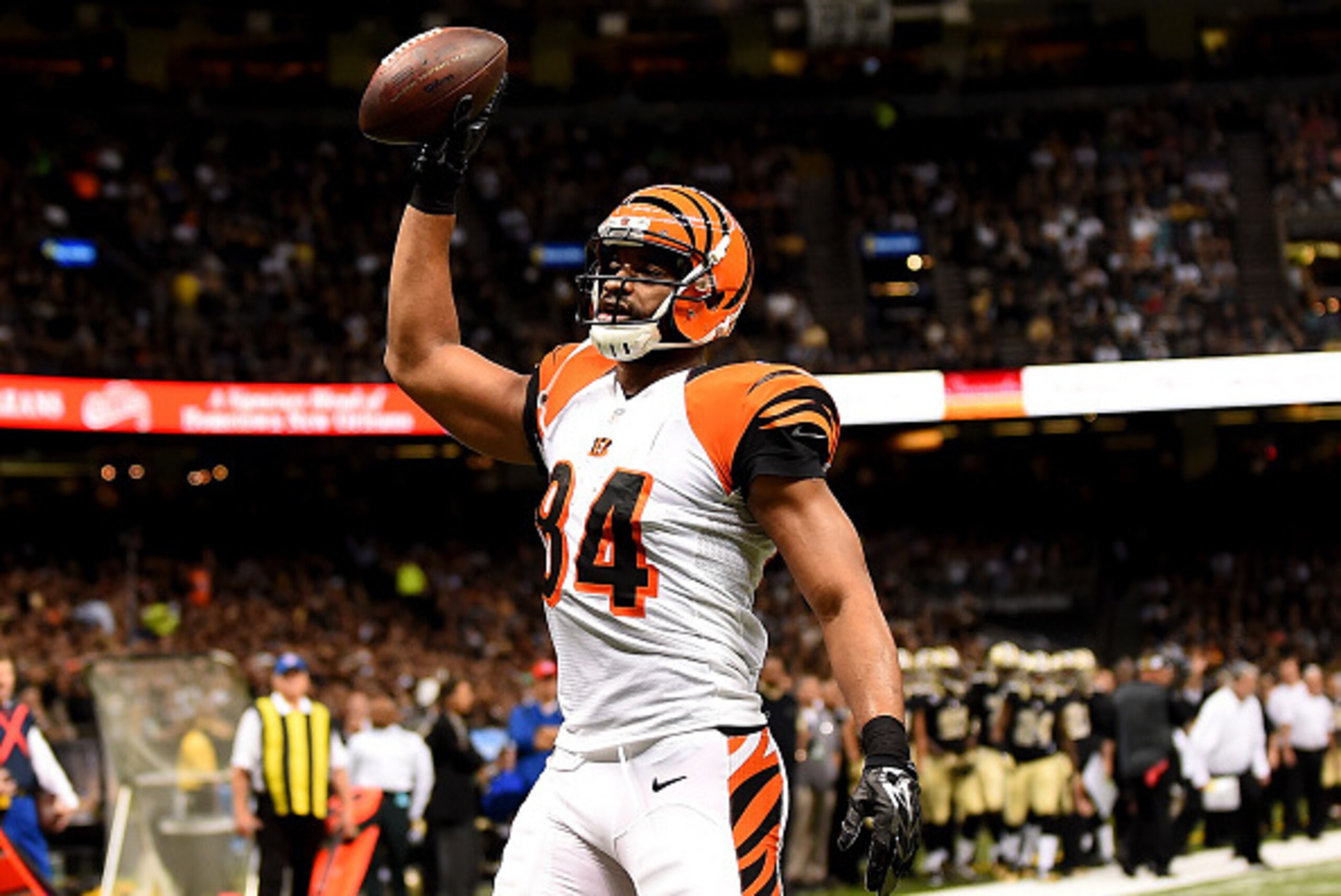 NEW ORLEANS, LA - NOVEMBER 16:  Jermaine Gresham #84 of the Cincinnati Bengals celebrates his touchdown during the second half against the New Orleans Saints at Mercedes-Benz Superdome on November 16, 2014 in New Orleans, Louisiana.  (Photo by Stacy Rever