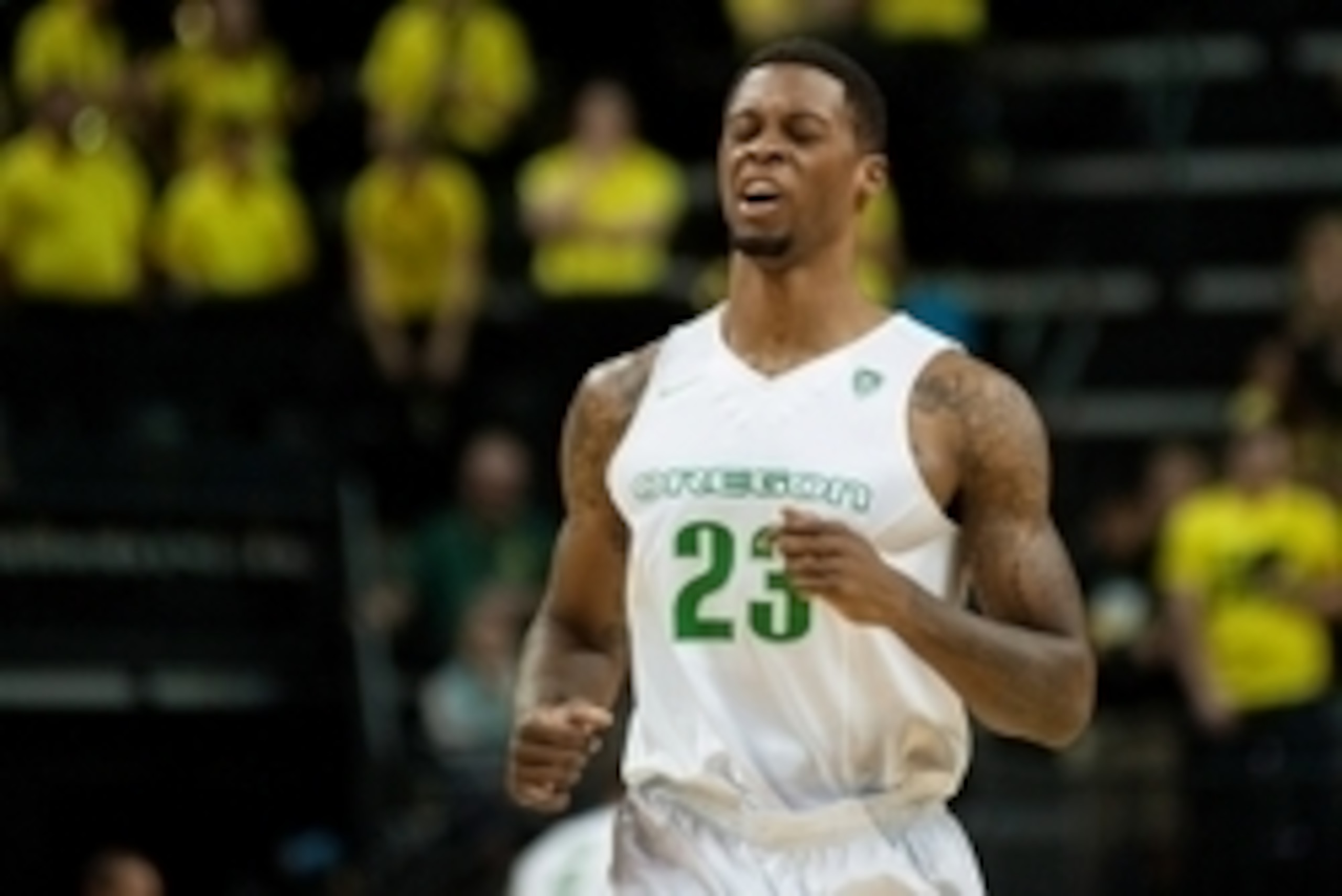 Feb 22, 2015; Eugene, OR, USA; Oregon Ducks forward Elgin Cook (23) reacts to a foul called against the Ducks during the first half of the game against the Utah Utes at Matthew Knight Arena. Mandatory Credit: Godofredo Vasquez-USA TODAY Sports